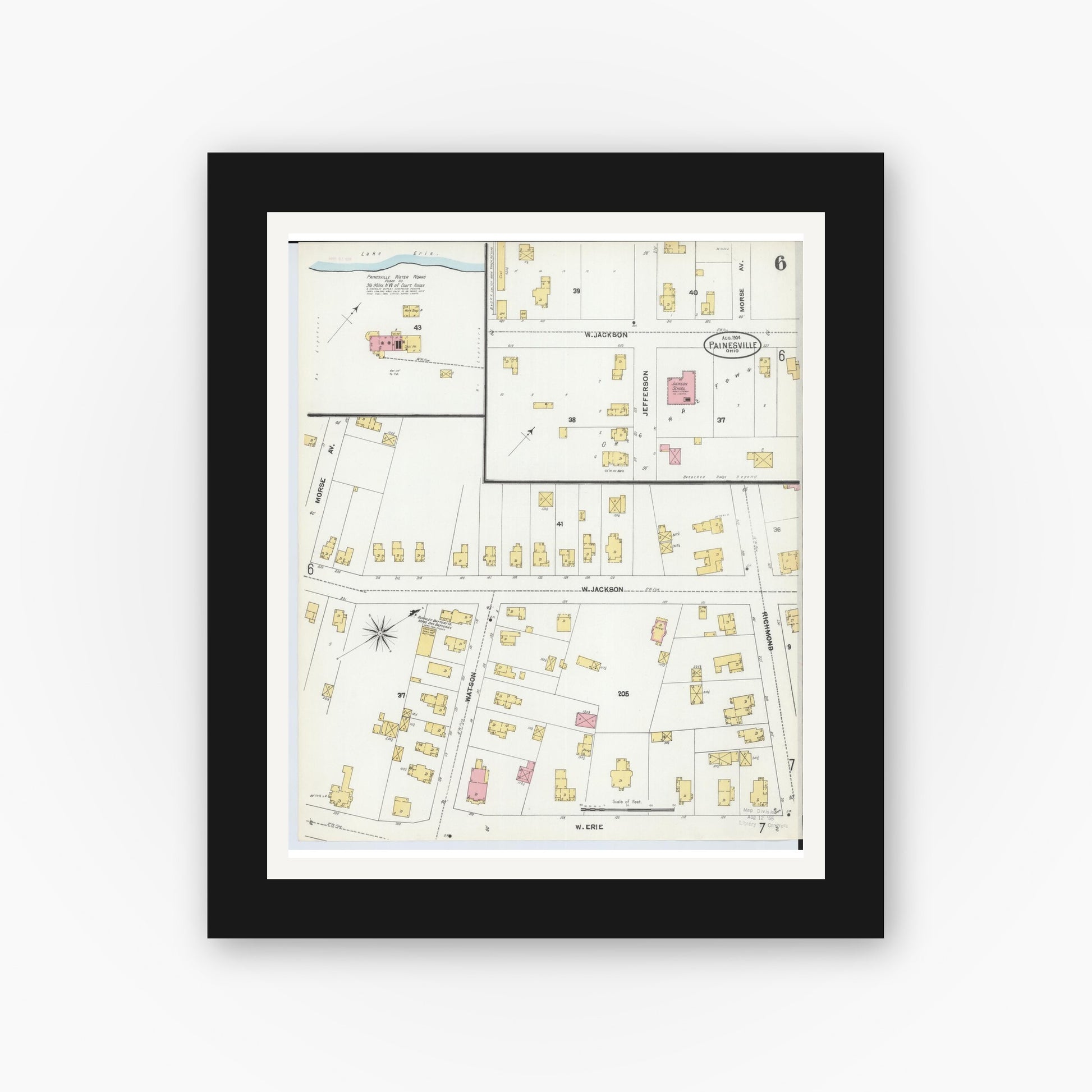 Old map wall art mockup — black gallery frame with white mat — Sanborn Fire Insurance Map from Painesville, Lake County, Ohio (1904), Sheet #0006