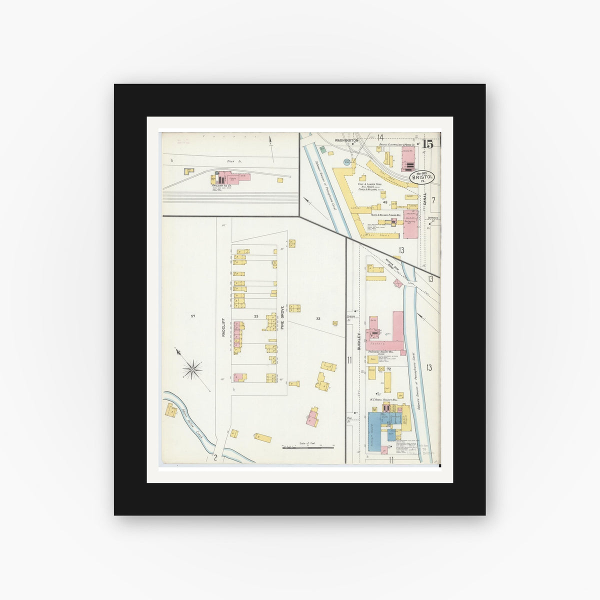 Old map wall art mockup — black gallery frame with white mat — Sanborn Fire Insurance Map from Bristol, Bucks County, Pennsylvania (1903), Sheet #0015