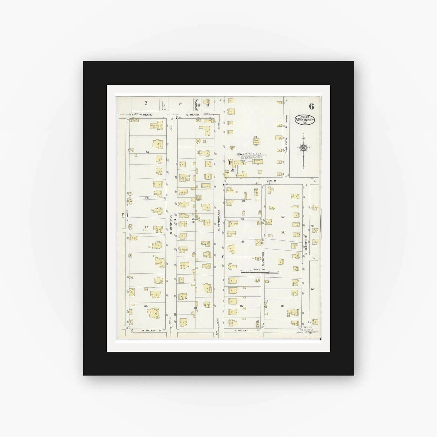 Old map wall art mockup — black gallery frame with white mat — Sanborn Fire Insurance Map from McKinney, Collin County, Texas (1914), Sheet #0006