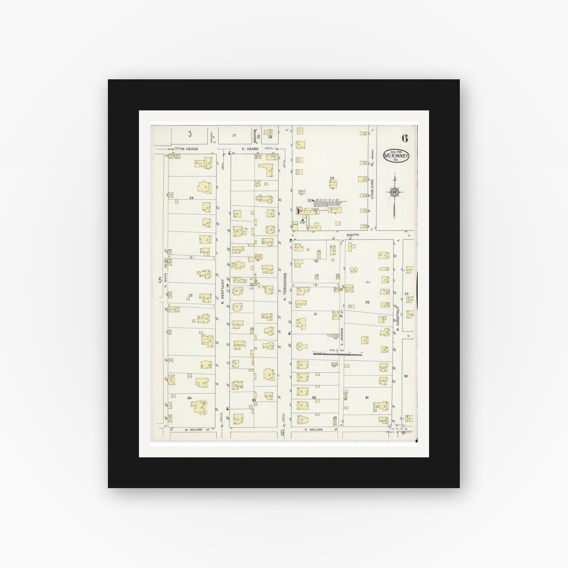 Old map wall art mockup — black gallery frame with white mat — Sanborn Fire Insurance Map from McKinney, Collin County, Texas (1914), Sheet #0006