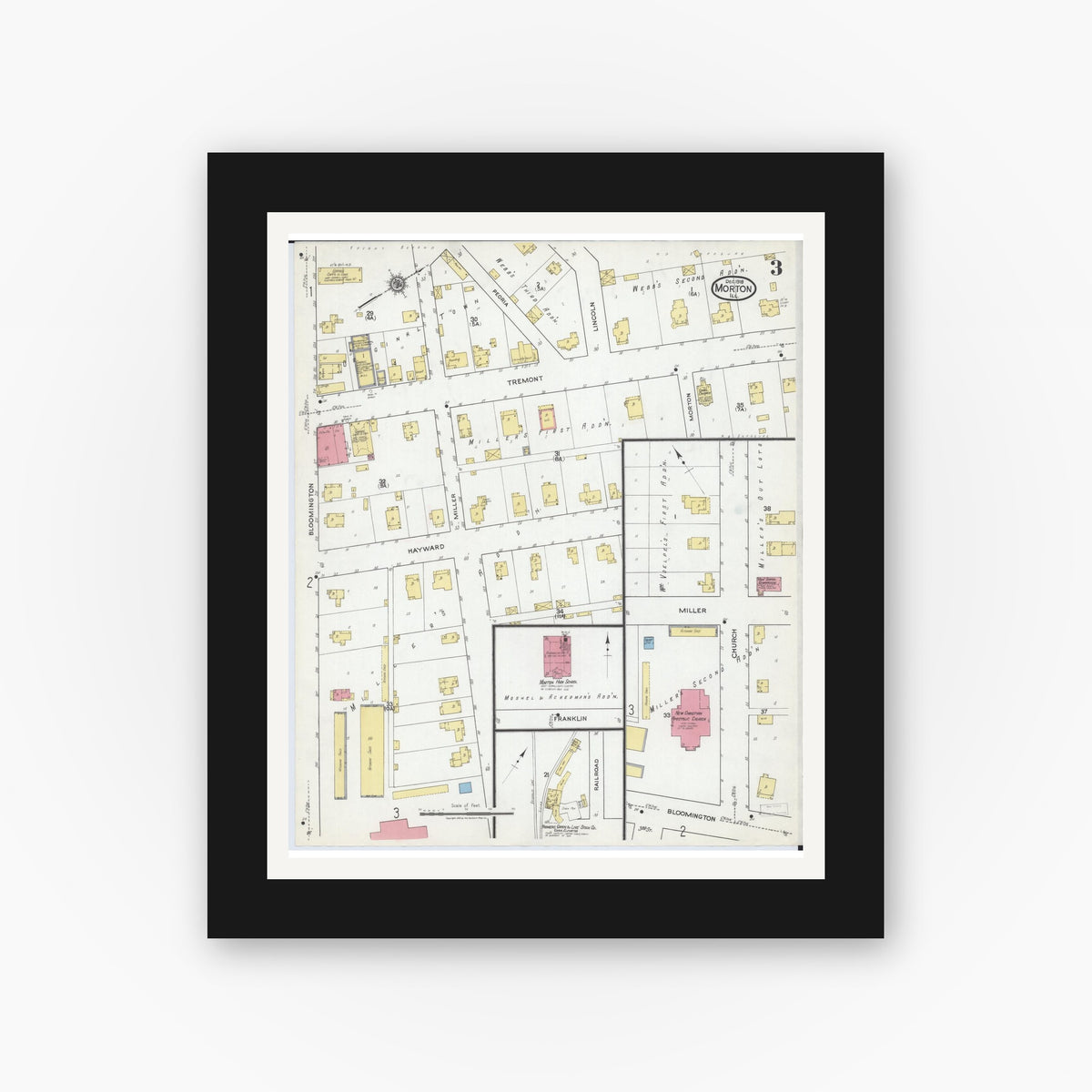 Old map wall art mockup — black gallery frame with white mat — Sanborn Fire Insurance Map from Morton, Tazewell County, Illinois (1918), Sheet #0003