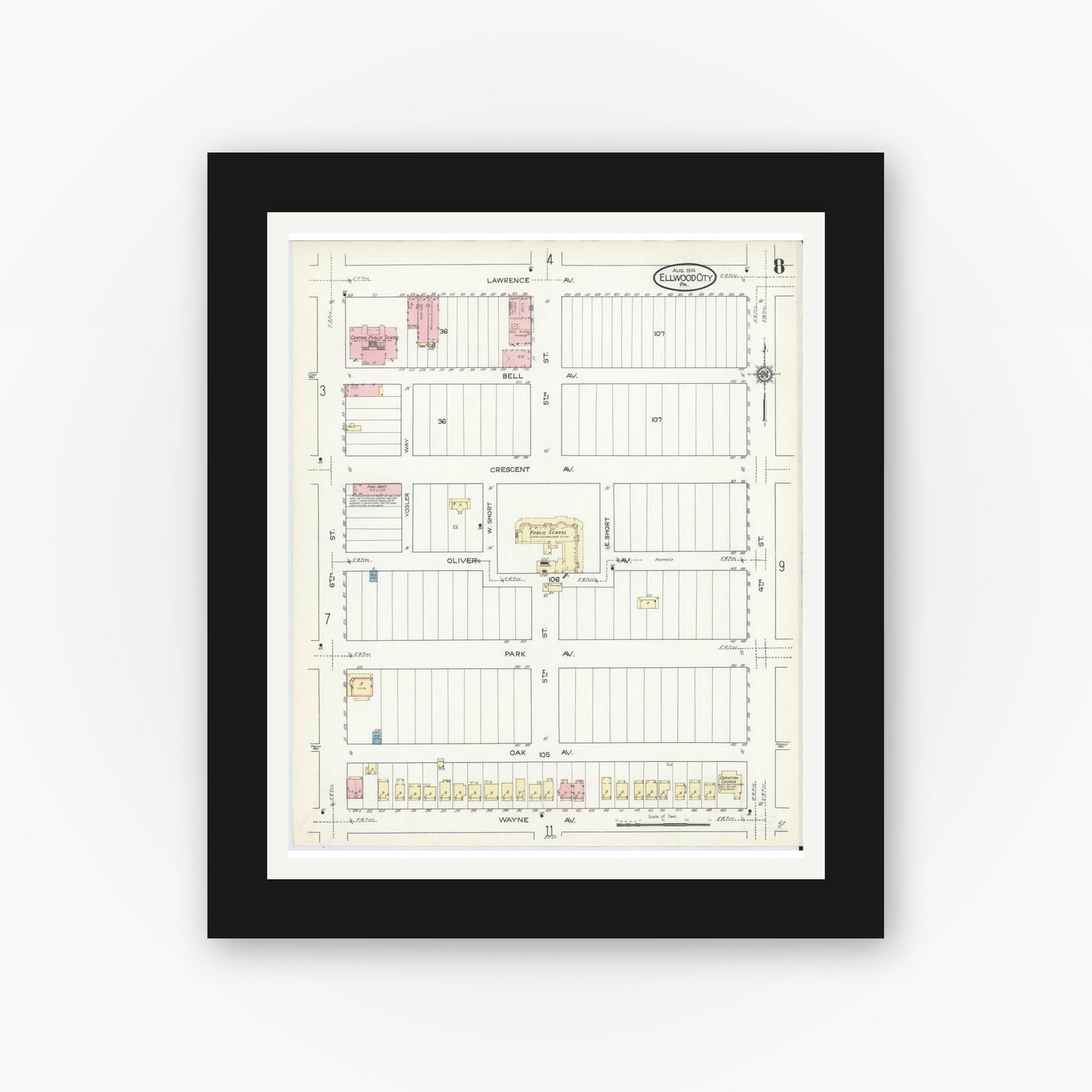 Old map wall art mockup — black gallery frame with white mat — Sanborn Fire Insurance Map from Ellwood City, Lawrence County, Pennsylvania (1914), Sheet #0008