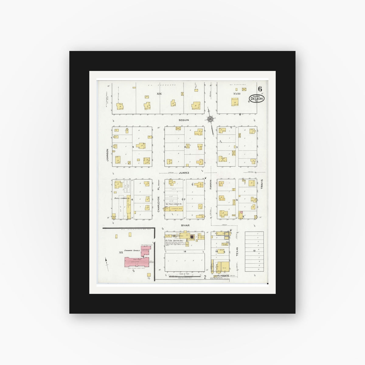 Old map wall art mockup — black gallery frame with white mat — Sanborn Fire Insurance Map from De Leon, Comanche County, Texas (1920), Sheet #0006