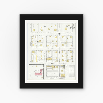 Old map wall art mockup — black gallery frame with white mat — Sanborn Fire Insurance Map from De Leon, Comanche County, Texas (1920), Sheet #0006