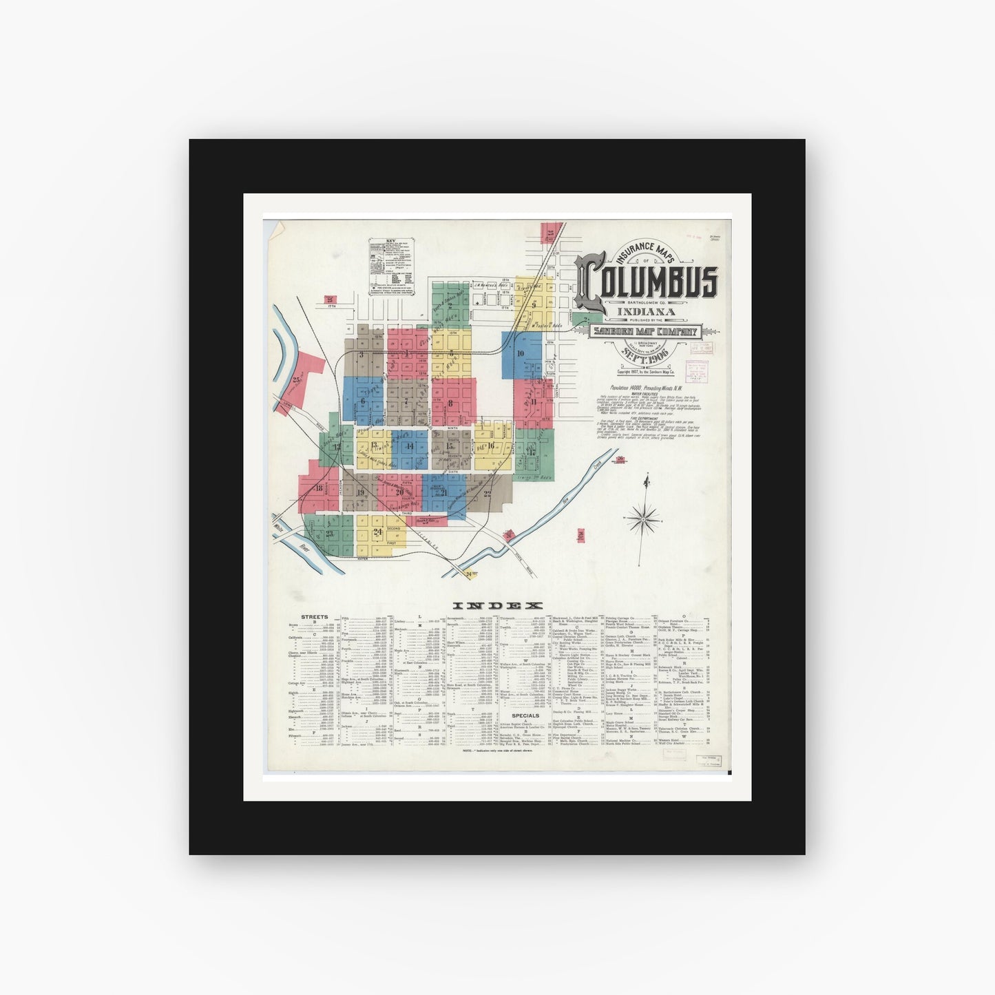 Old map wall art mockup — black gallery frame with white mat — Sanborn Fire Insurance Map from Columbus, Bartholomew County, Indiana (1906) - Complete Map Set