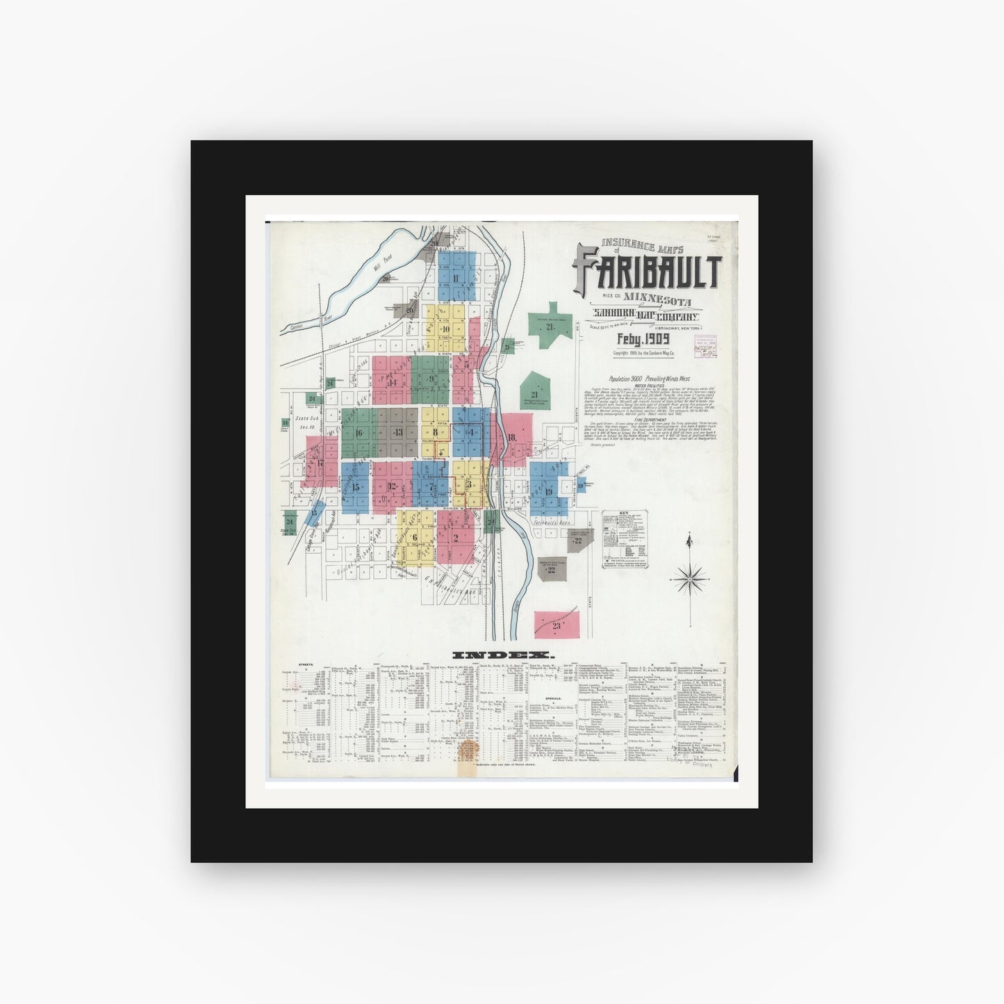 Old map wall art mockup — black gallery frame with white mat — Sanborn Fire Insurance Map from Faribault, Rice County, Minnesota (1909) - Complete Map Set