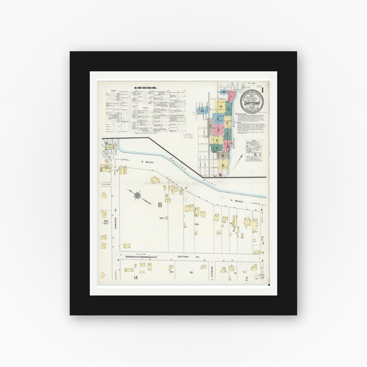 Old map wall art mockup — black gallery frame with white mat — Sanborn Fire Insurance Map from Daytona, Volusia County, Florida (1912) - Complete Map Set