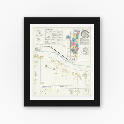 Old map wall art mockup — black gallery frame with white mat — Sanborn Fire Insurance Map from Daytona, Volusia County, Florida (1912) - Complete Map Set
