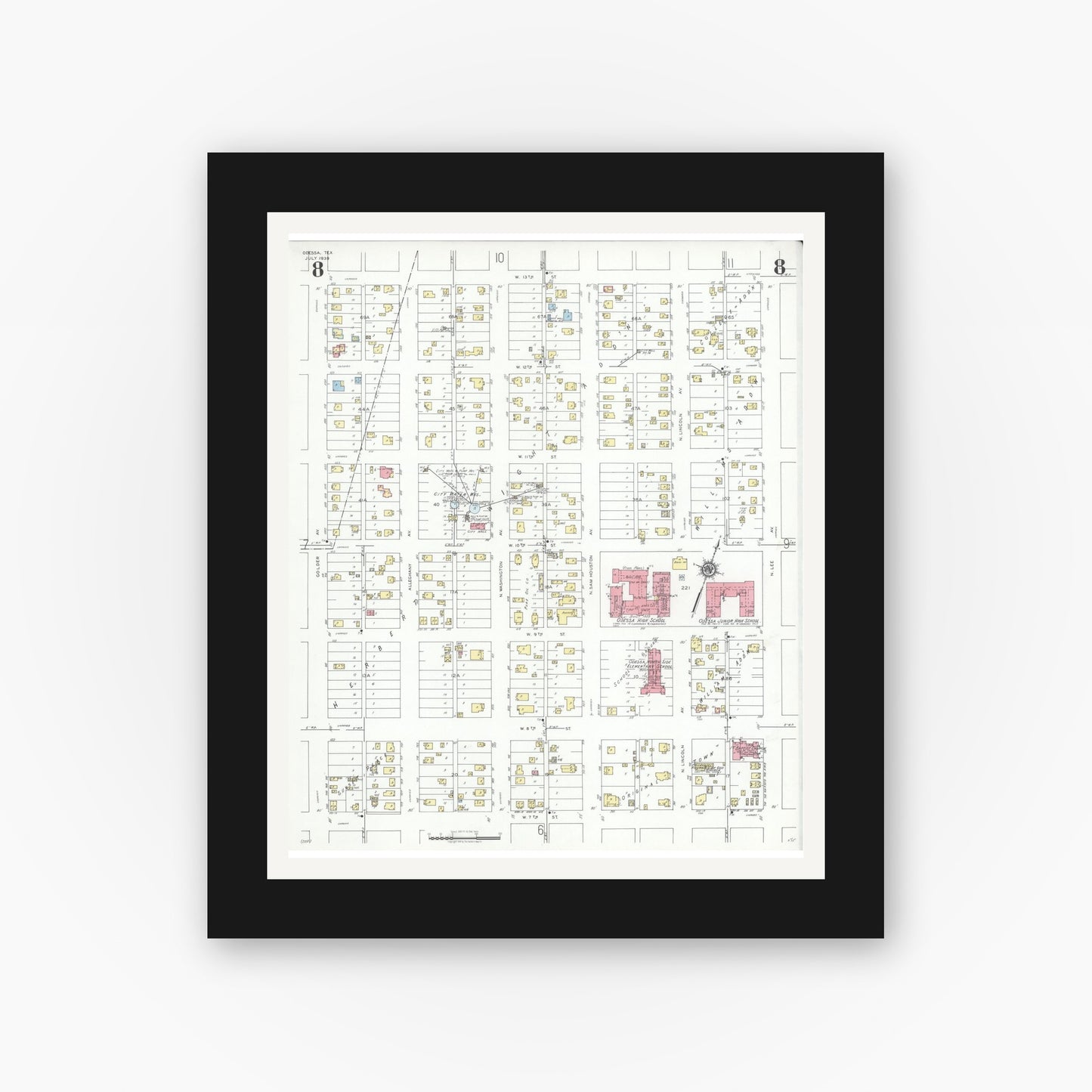 Old map wall art mockup — black gallery frame with white mat — Sanborn Fire Insurance Map from Odessa, Edger County, Texas (1939), Sheet #0008