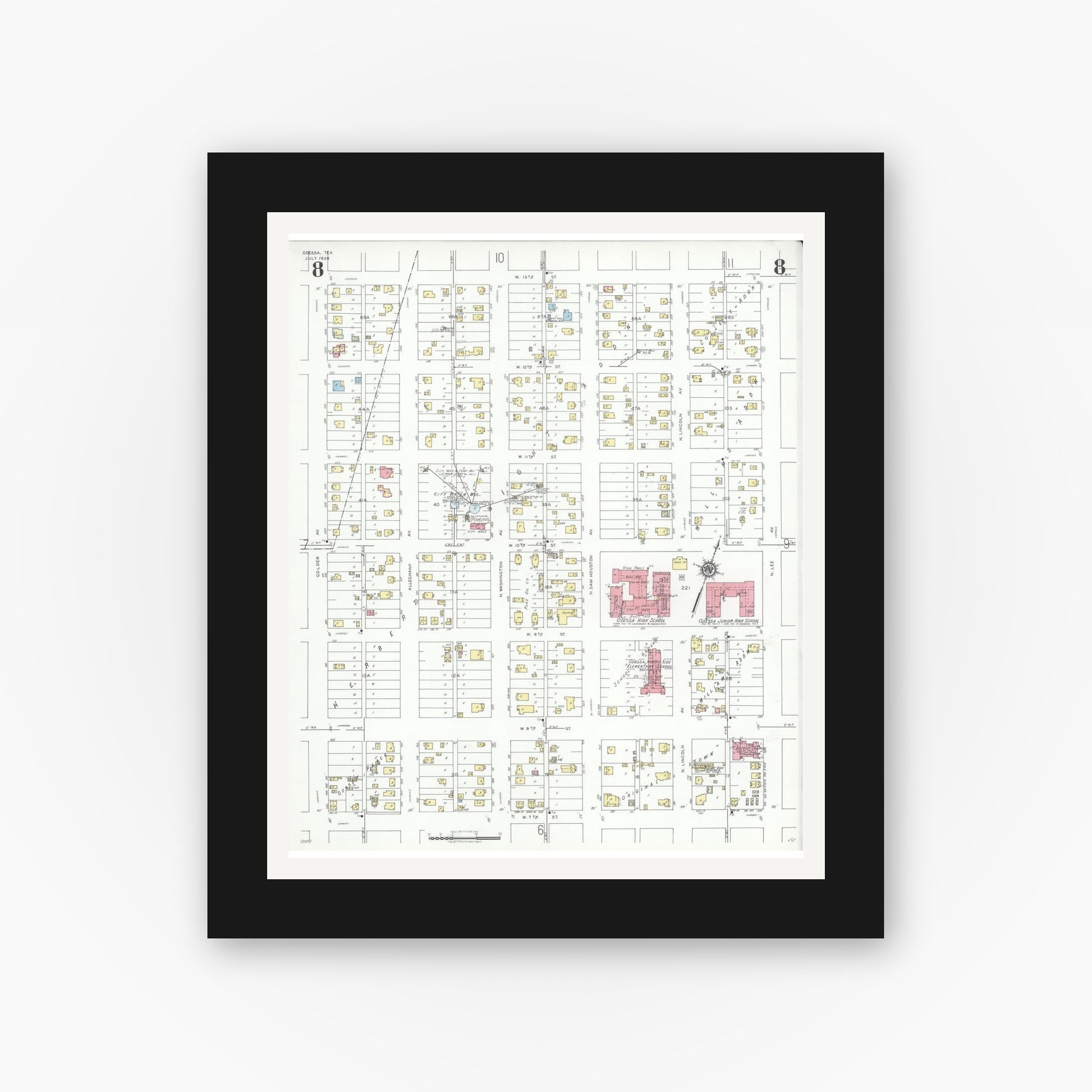 Old map wall art mockup — black gallery frame with white mat — Sanborn Fire Insurance Map from Odessa, Edger County, Texas (1939), Sheet #0008