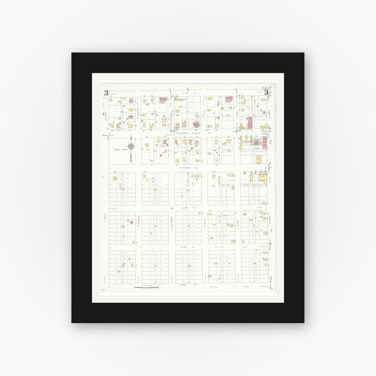 Old map wall art mockup — black gallery frame with white mat — Sanborn Fire Insurance Map from Tulia, Swisher County, Texas (1936), Sheet #0003