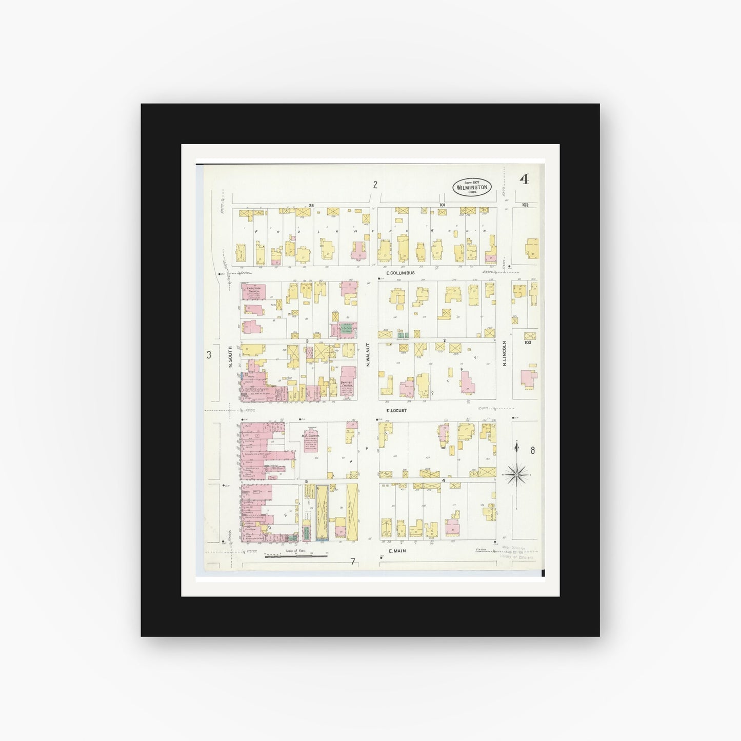 Old map wall art mockup — black gallery frame with white mat — Sanborn Fire Insurance Map from Wilmington, Clinton County, Ohio (1907), Sheet #0004