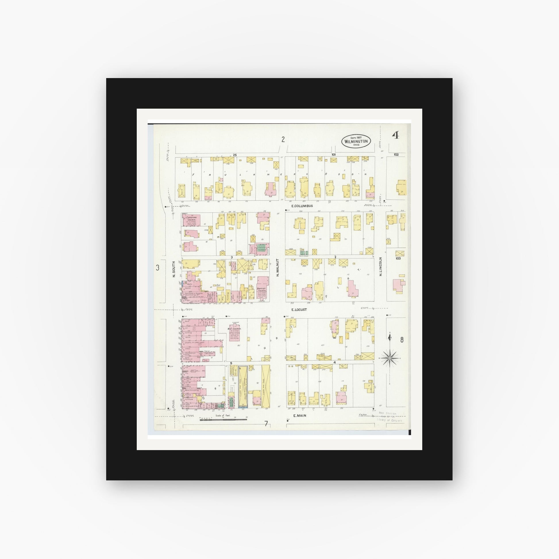 Old map wall art mockup — black gallery frame with white mat — Sanborn Fire Insurance Map from Wilmington, Clinton County, Ohio (1907), Sheet #0004