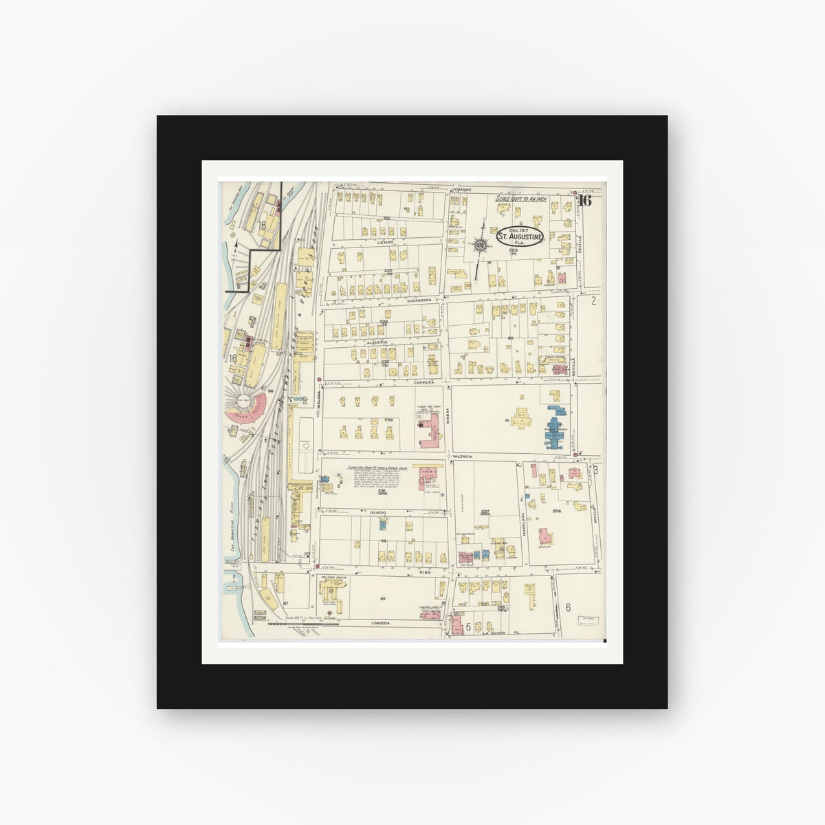Old map wall art mockup — black gallery frame with white mat — Sanborn Fire Insurance Map from Saint Augustine, Saint John's County, Florida (1917), Sheet #0016