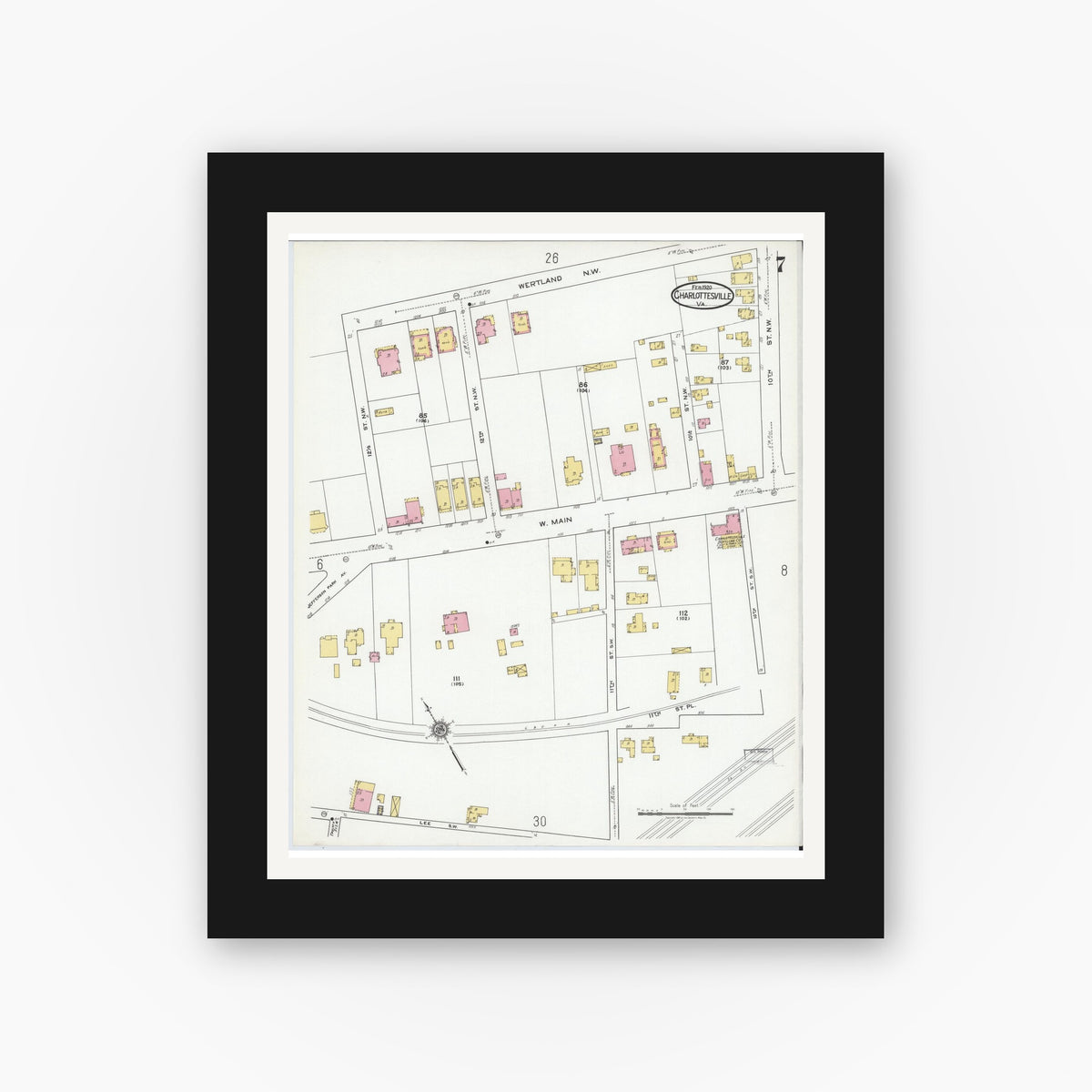 Old map wall art mockup — black gallery frame with white mat — Sanborn Fire Insurance Map from Charlottesville, Independent Cities, Virginia (1920), Sheet #0007