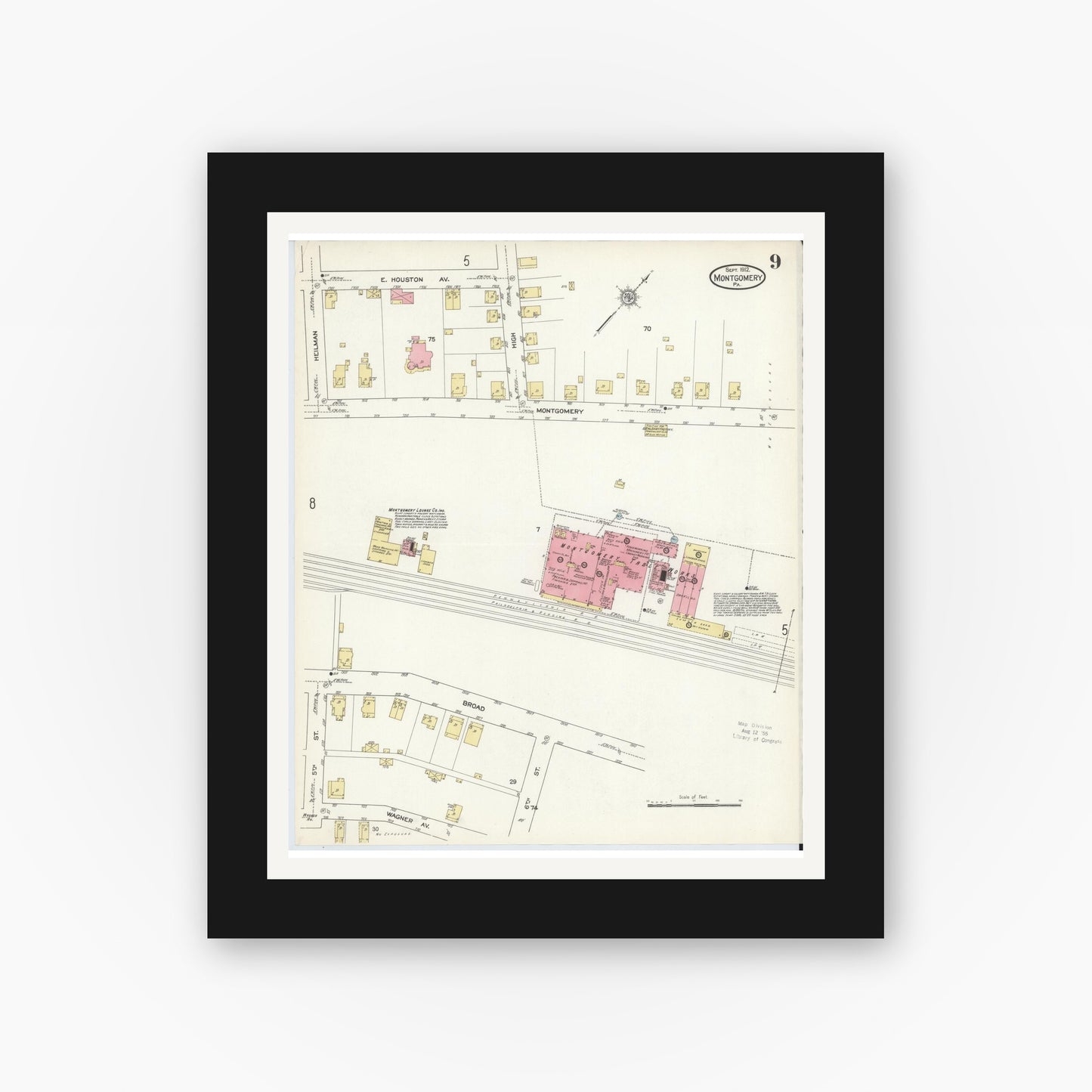 Old map wall art mockup — black gallery frame with white mat — Sanborn Fire Insurance Map from Montgomery, Lycoming County, Pennsylvania (1912), Sheet #0009