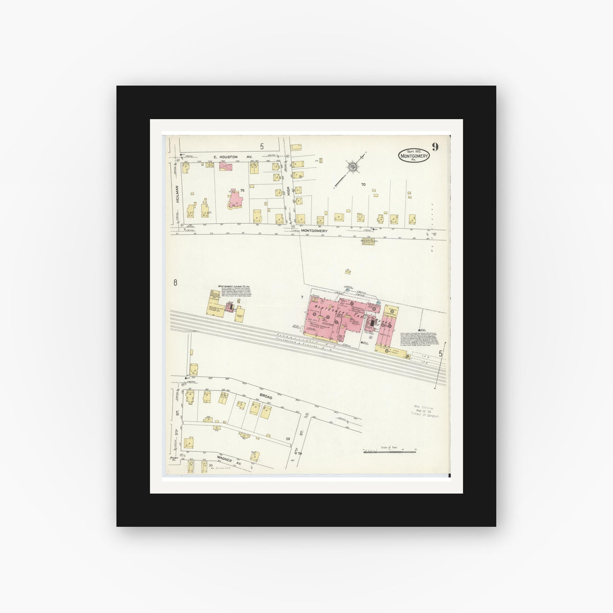 Old map wall art mockup — black gallery frame with white mat — Sanborn Fire Insurance Map from Montgomery, Lycoming County, Pennsylvania (1912), Sheet #0009