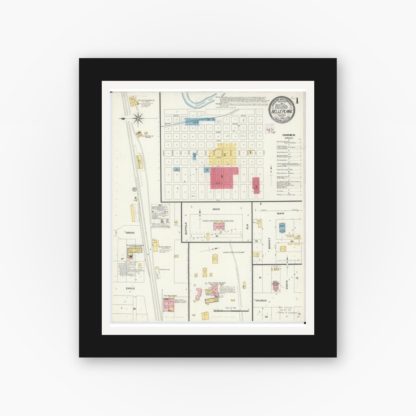 Old map wall art mockup — black gallery frame with white mat — Sanborn Fire Insurance Map from Belle Plaine, Scott County, Minnesota (1909) - Complete Map Set