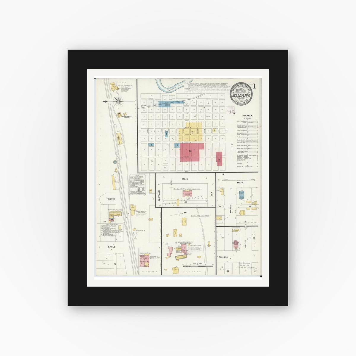 Old map wall art mockup — black gallery frame with white mat — Sanborn Fire Insurance Map from Belle Plaine, Scott County, Minnesota (1909) - Complete Map Set