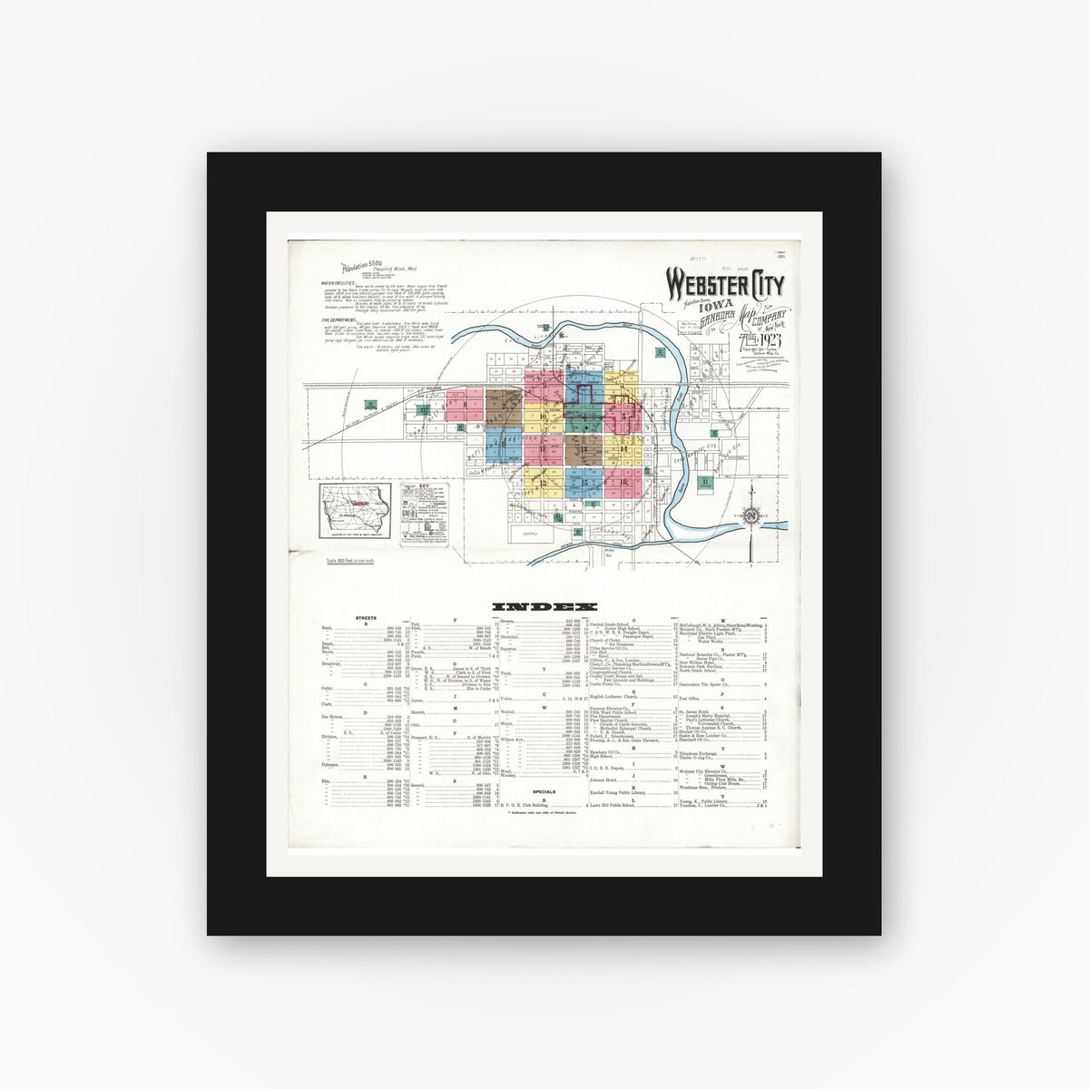 Old map wall art mockup — black gallery frame with white mat — Sanborn Fire Insurance Map from Webster City, Hamilton County, Iowa (1923), Sheet #0001