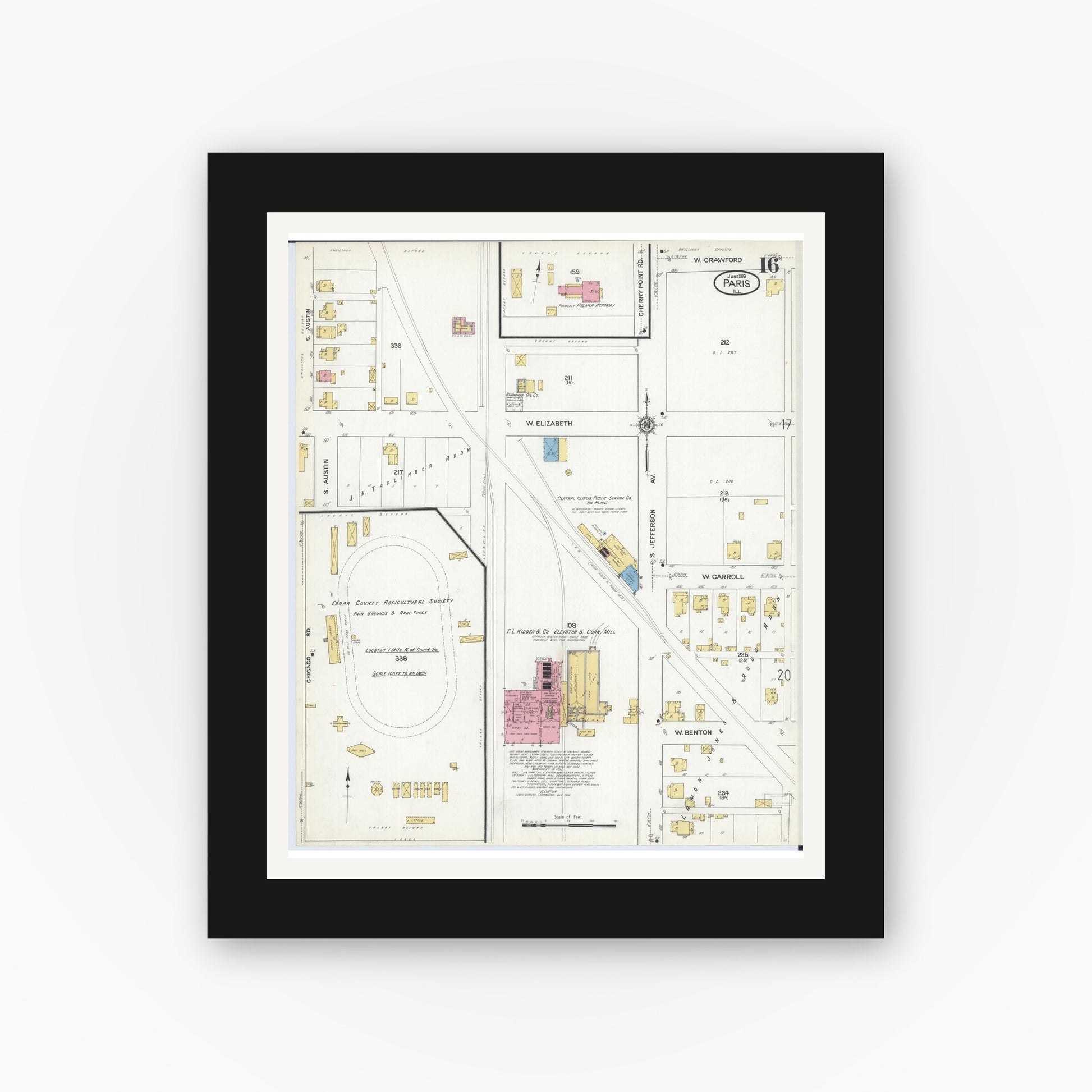Old map wall art mockup — black gallery frame with white mat — Sanborn Fire Insurance Map from Paris, Edgar County, Illinois (1916), Sheet #0016