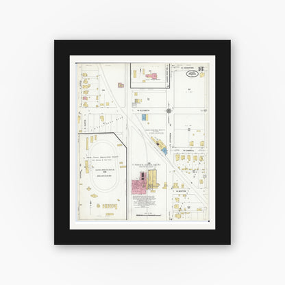 Old map wall art mockup — black gallery frame with white mat — Sanborn Fire Insurance Map from Paris, Edgar County, Illinois (1916), Sheet #0016