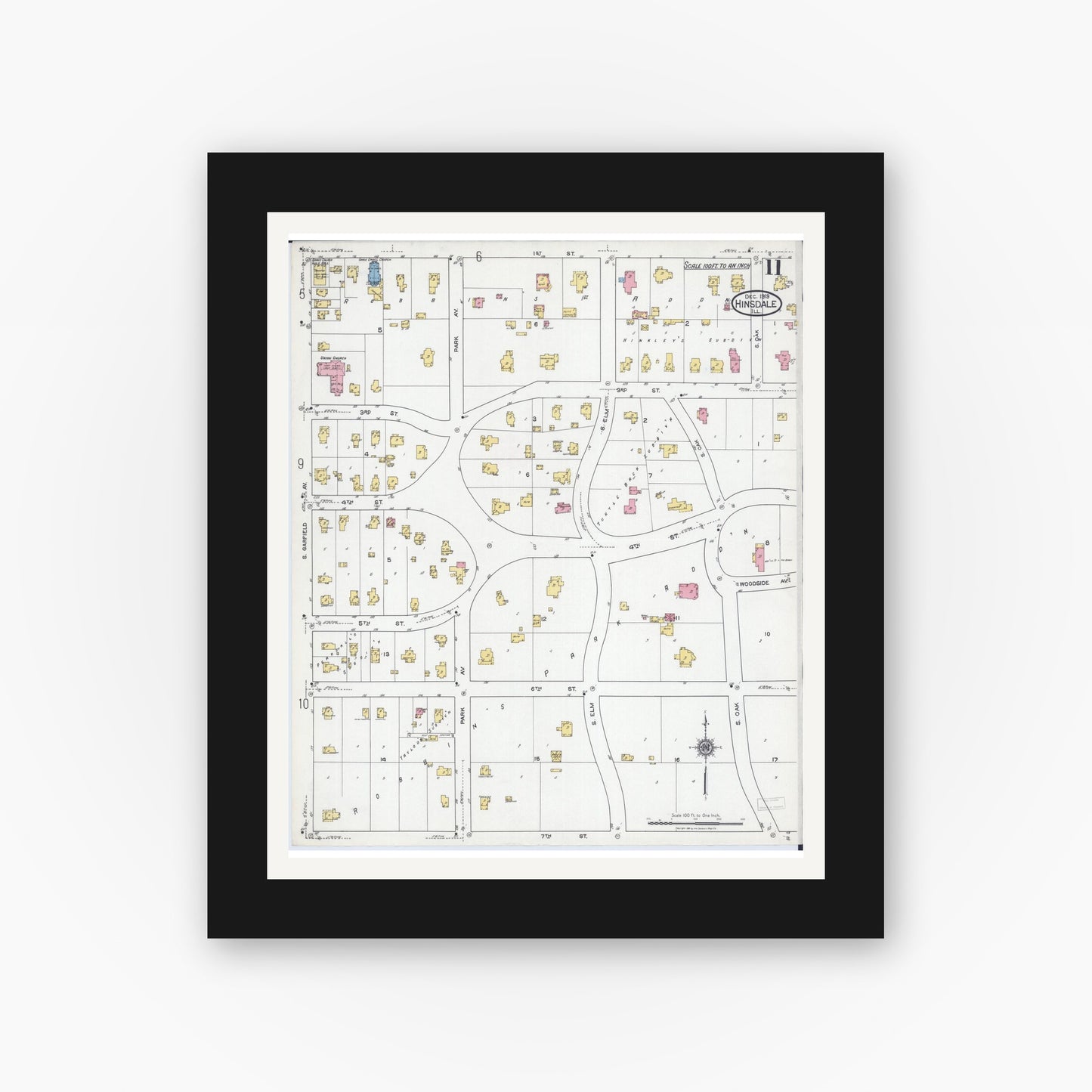 Old map wall art mockup — black gallery frame with white mat — Sanborn Fire Insurance Map from Hinsdale, Du Page And Cook Counties, Illinois (1919), Sheet #0011
