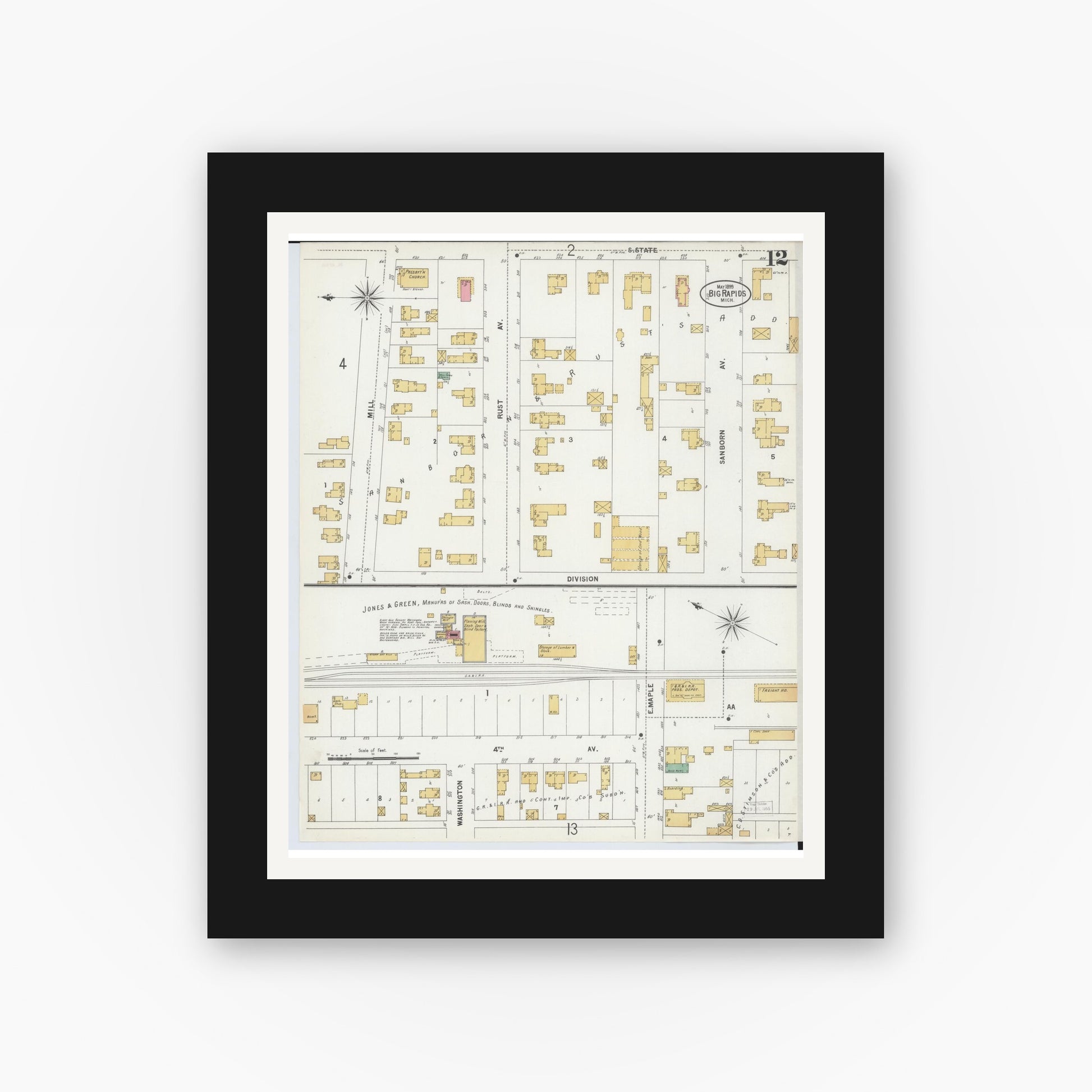 Old map wall art mockup — black gallery frame with white mat — Sanborn Fire Insurance Map from Big Rapids, Mecosta County, Michigan (1899), Sheet #0012