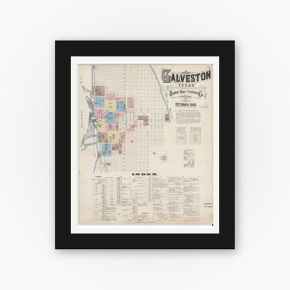 Old map wall art mockup — black gallery frame with white mat — Sanborn Fire Insurance Map from Galveston, Galveston County, Texas (1885), Sheet #0001