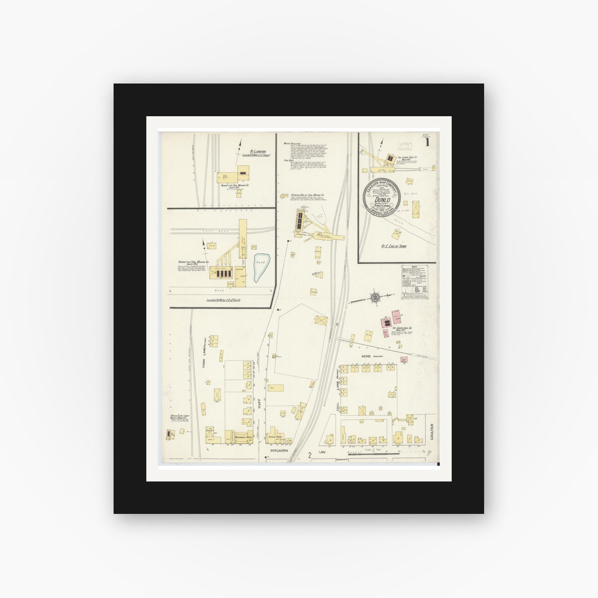 Old map wall art mockup — black gallery frame with white mat — Sanborn Fire Insurance Map from Dunlo, Cambria County, Pennsylvania (1910), Sheet #0001