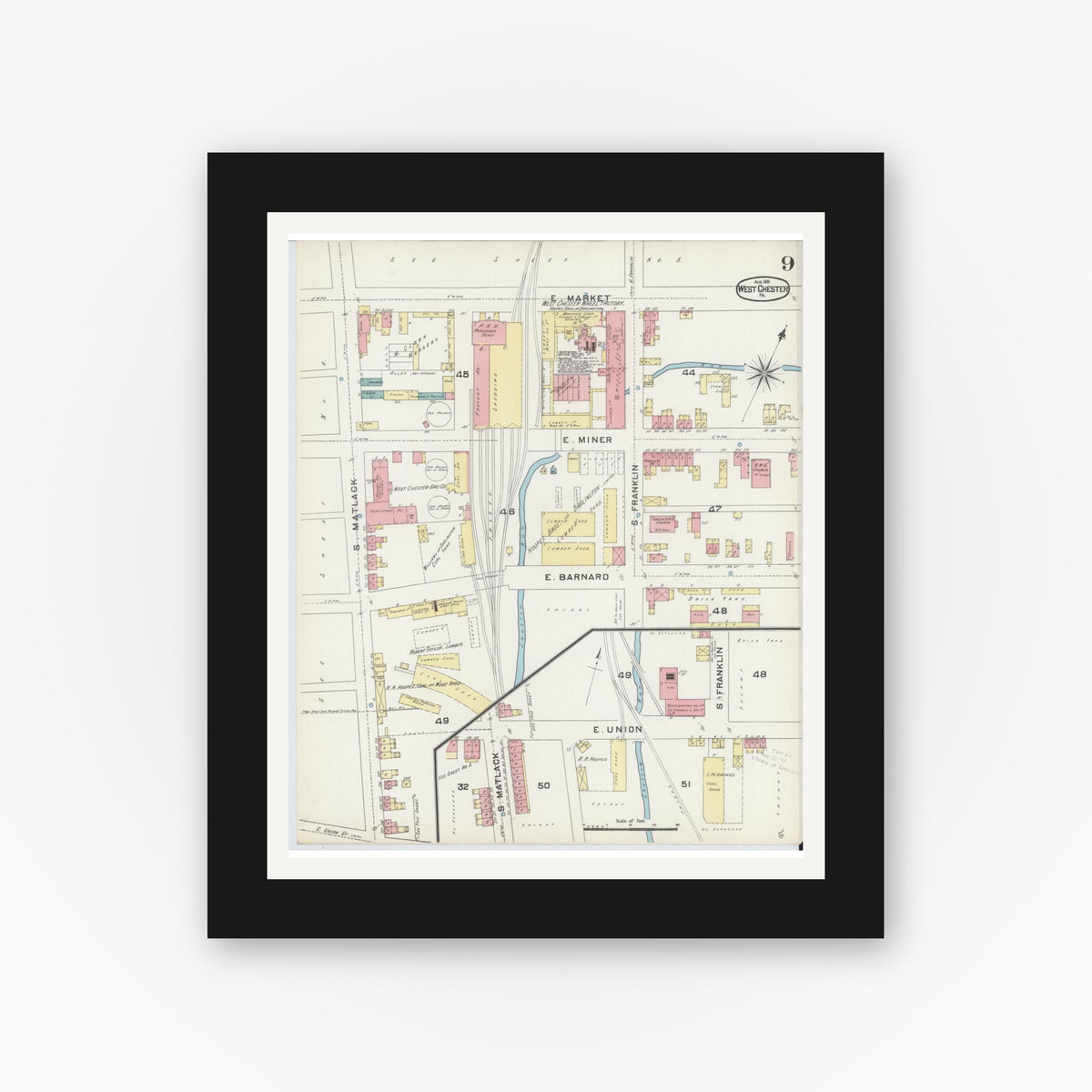Old map wall art mockup — black gallery frame with white mat — Sanborn Fire Insurance Map from West Chester, Chester County, Pennsylvania (1891), Sheet #0009
