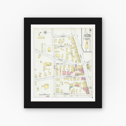 Old map wall art mockup — black gallery frame with white mat — Sanborn Fire Insurance Map from Waltham, Middlesex County, Massachusetts (1892), Sheet #0005