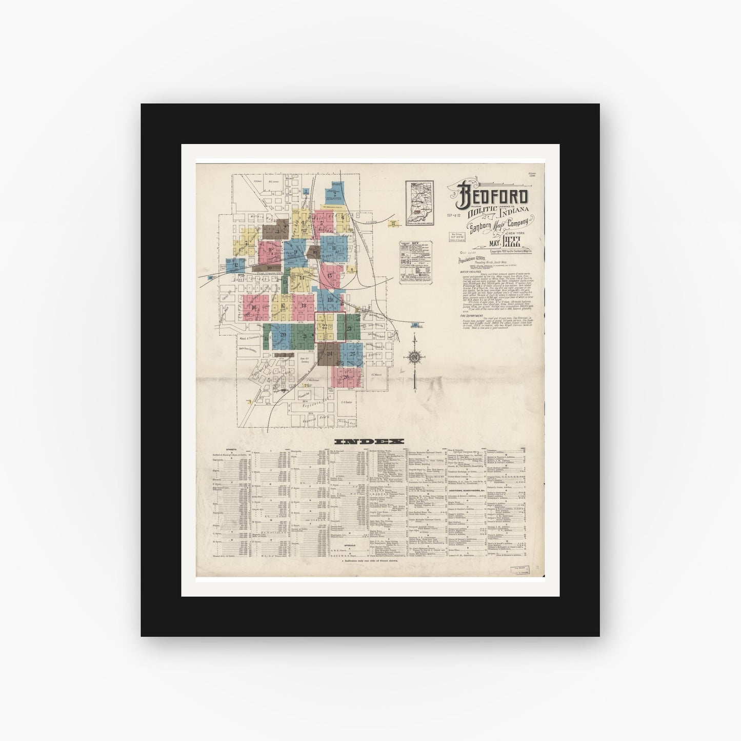 Old map wall art mockup — black gallery frame with white mat — Sanborn Fire Insurance Map from Bedford, Lawrence County, Indiana (1922) - Complete Map Set