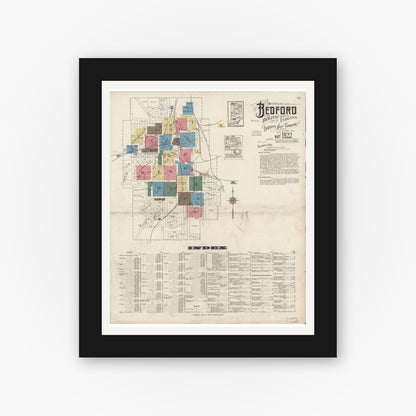 Old map wall art mockup — black gallery frame with white mat — Sanborn Fire Insurance Map from Bedford, Lawrence County, Indiana (1922) - Complete Map Set