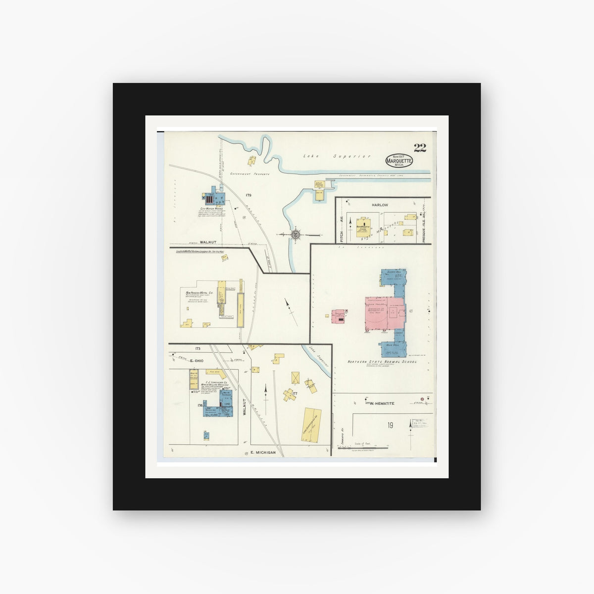 Old map wall art mockup — black gallery frame with white mat — Sanborn Fire Insurance Map from Marquette, Marquette County, Michigan (1917), Sheet #0022