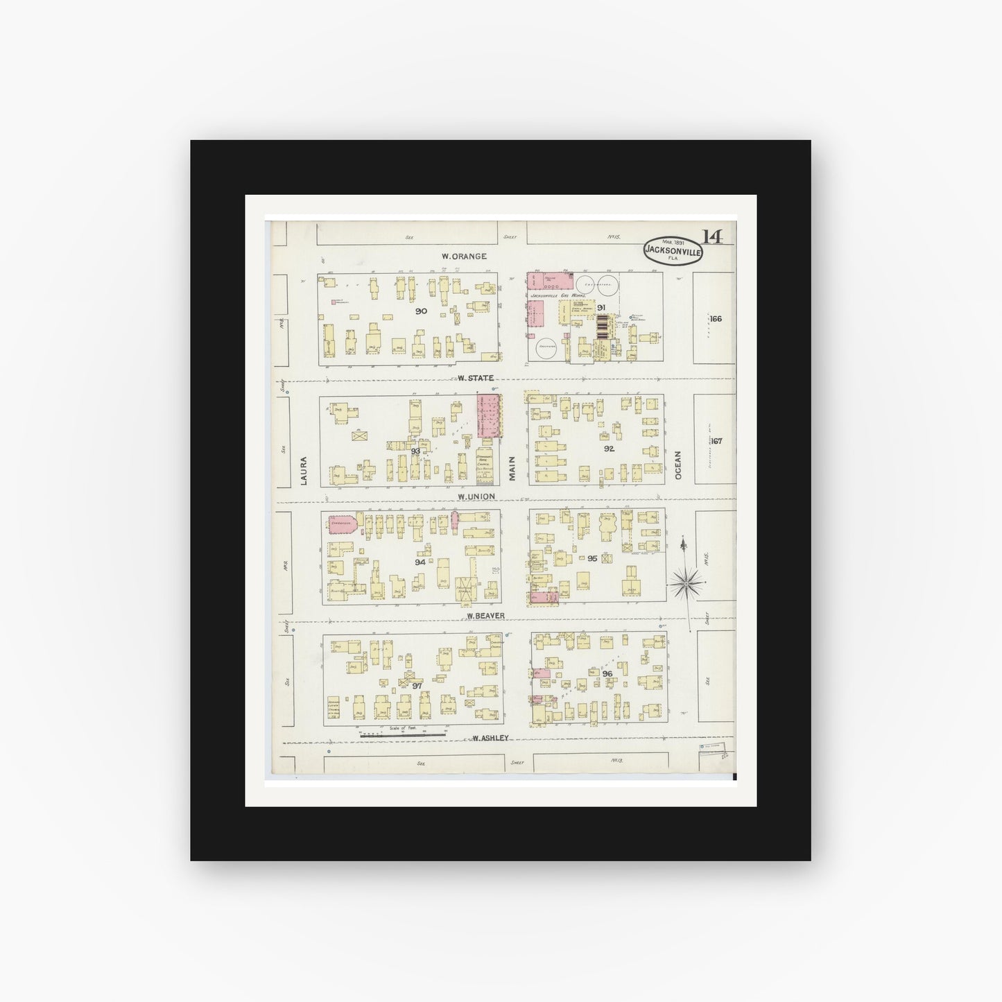 Old map wall art mockup — black gallery frame with white mat — Sanborn Fire Insurance Map from Jacksonville, Duval County, Florida (1891), Sheet #0014