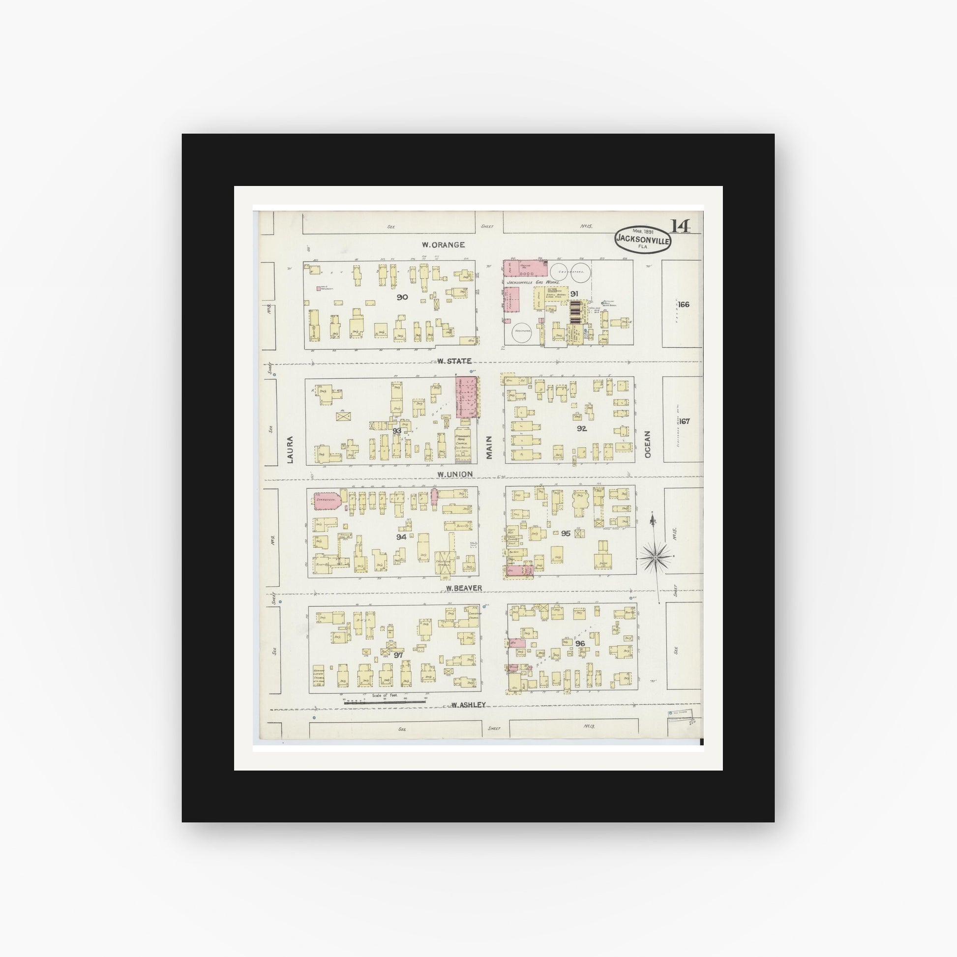 Old map wall art mockup — black gallery frame with white mat — Sanborn Fire Insurance Map from Jacksonville, Duval County, Florida (1891), Sheet #0014
