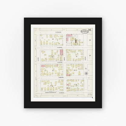 Old map wall art mockup — black gallery frame with white mat — Sanborn Fire Insurance Map from Jacksonville, Duval County, Florida (1891), Sheet #0014
