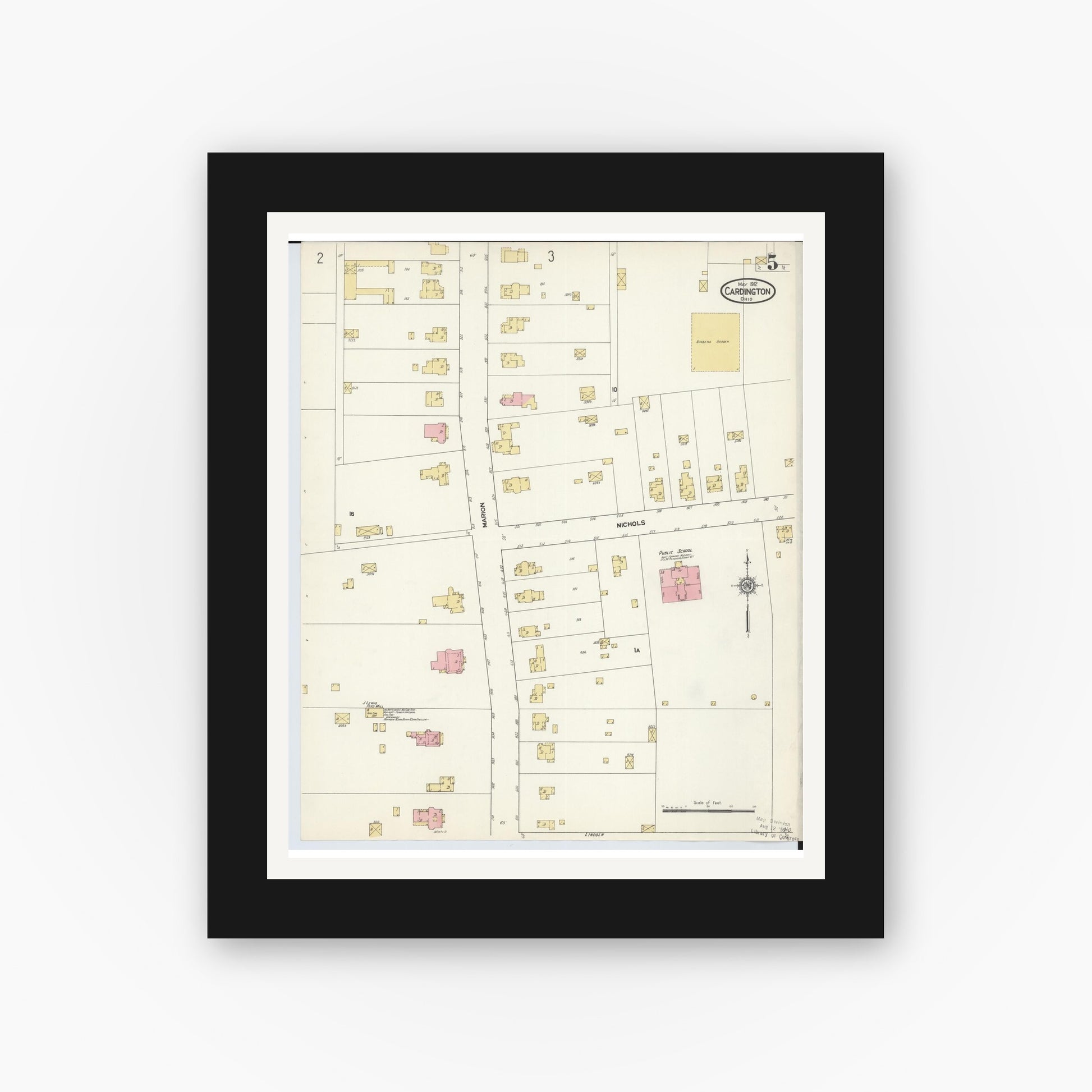 Old map wall art mockup — black gallery frame with white mat — Sanborn Fire Insurance Map from Cardington, Morrow County, Ohio (1912), Sheet #0005