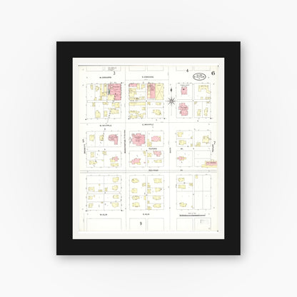 Old map wall art mockup — black gallery frame with white mat — Sanborn Fire Insurance Map from Vinton, Benton County, Iowa (1906), Sheet #0006