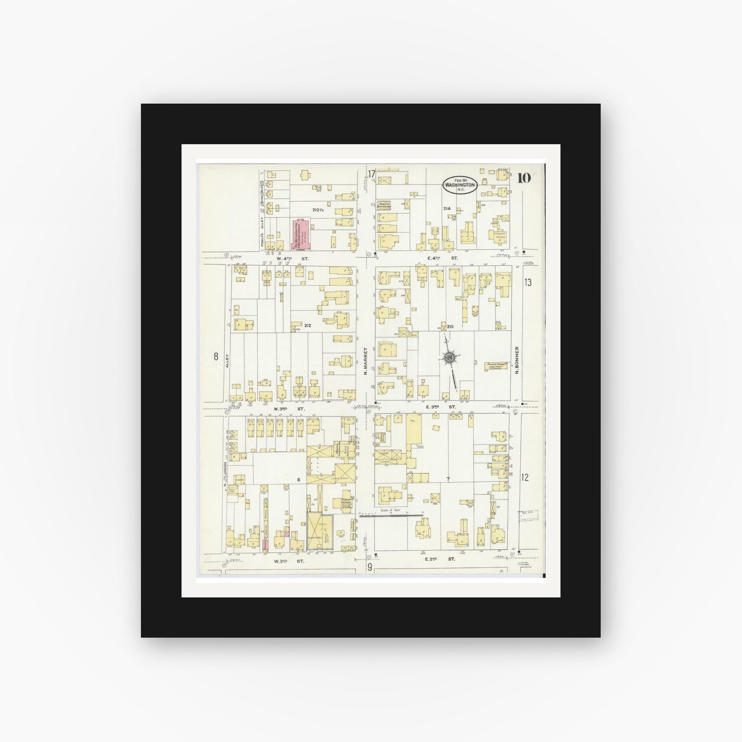 Old map wall art mockup — black gallery frame with white mat — Sanborn Fire Insurance Map from Washington, Beaufort County, North Carolina (1911), Sheet #0010