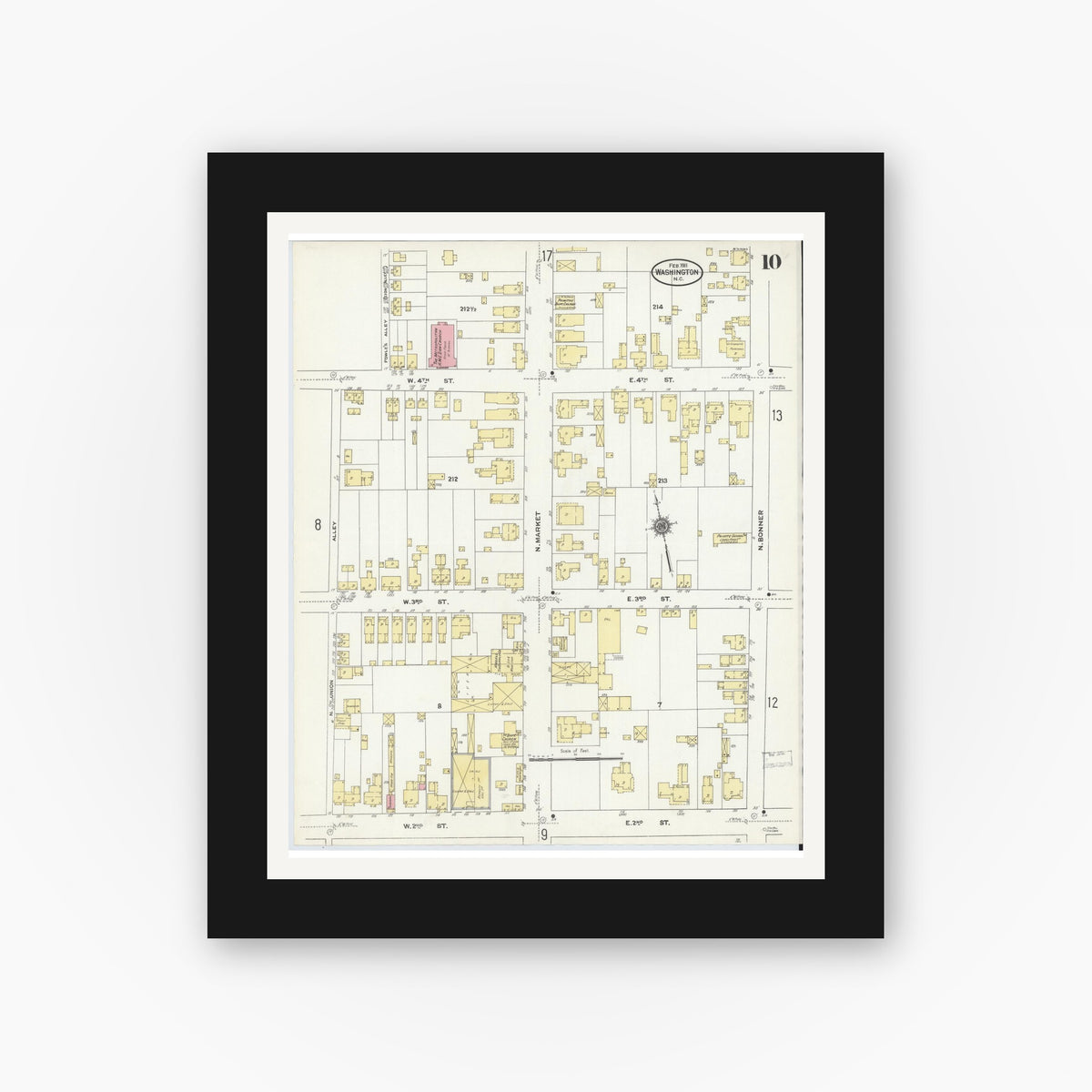 Old map wall art mockup — black gallery frame with white mat — Sanborn Fire Insurance Map from Washington, Beaufort County, North Carolina (1911), Sheet #0010