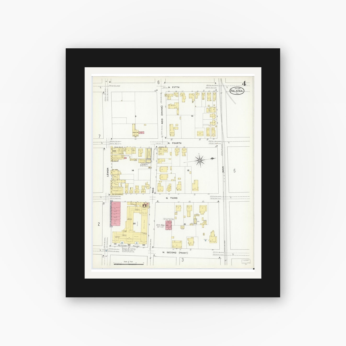 Old map wall art mockup — black gallery frame with white mat — Sanborn Fire Insurance Map from Palatka, Putnam County, Florida (1909), Sheet #0004