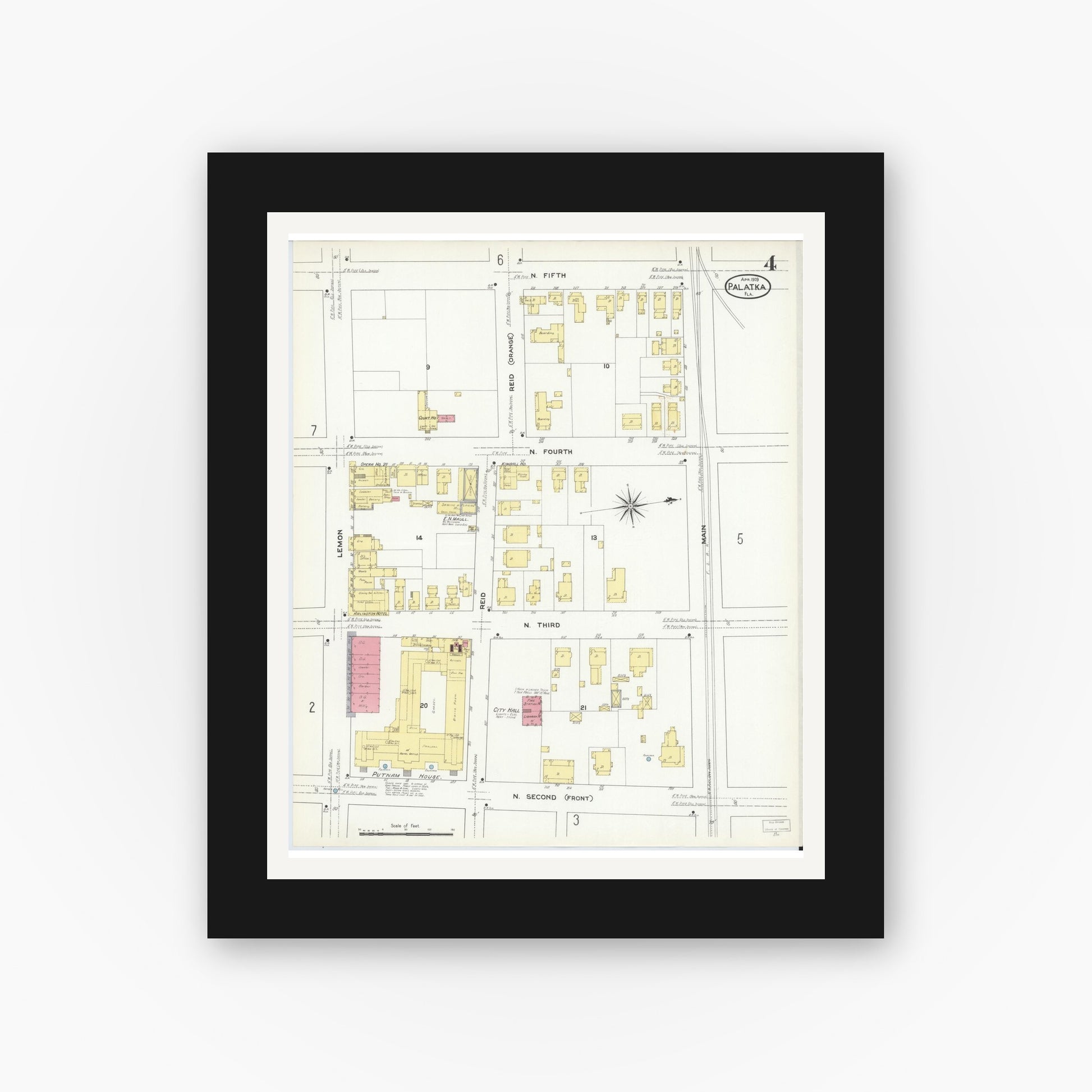 Old map wall art mockup — black gallery frame with white mat — Sanborn Fire Insurance Map from Palatka, Putnam County, Florida (1909), Sheet #0004