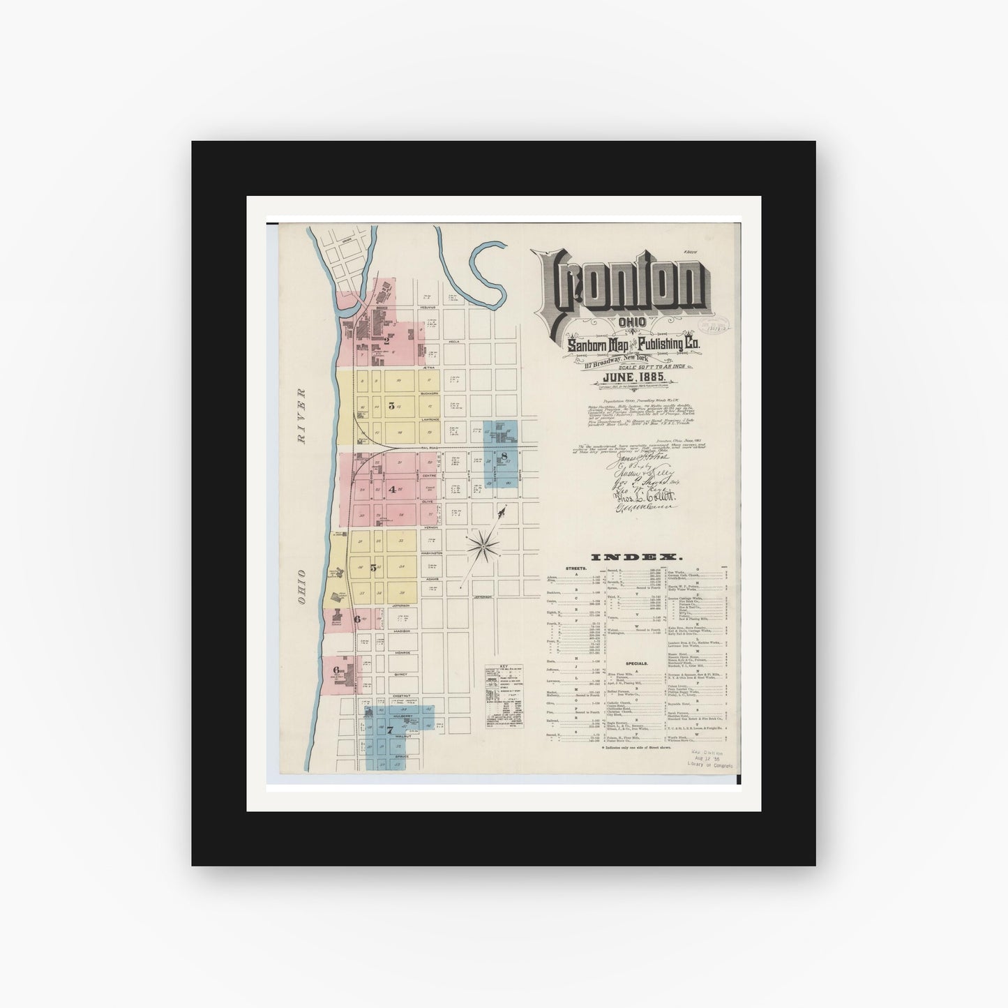 Old map wall art mockup — black gallery frame with white mat — Sanborn Fire Insurance Map from Ironton, Lawrence County, Ohio (1885) - Complete Map Set