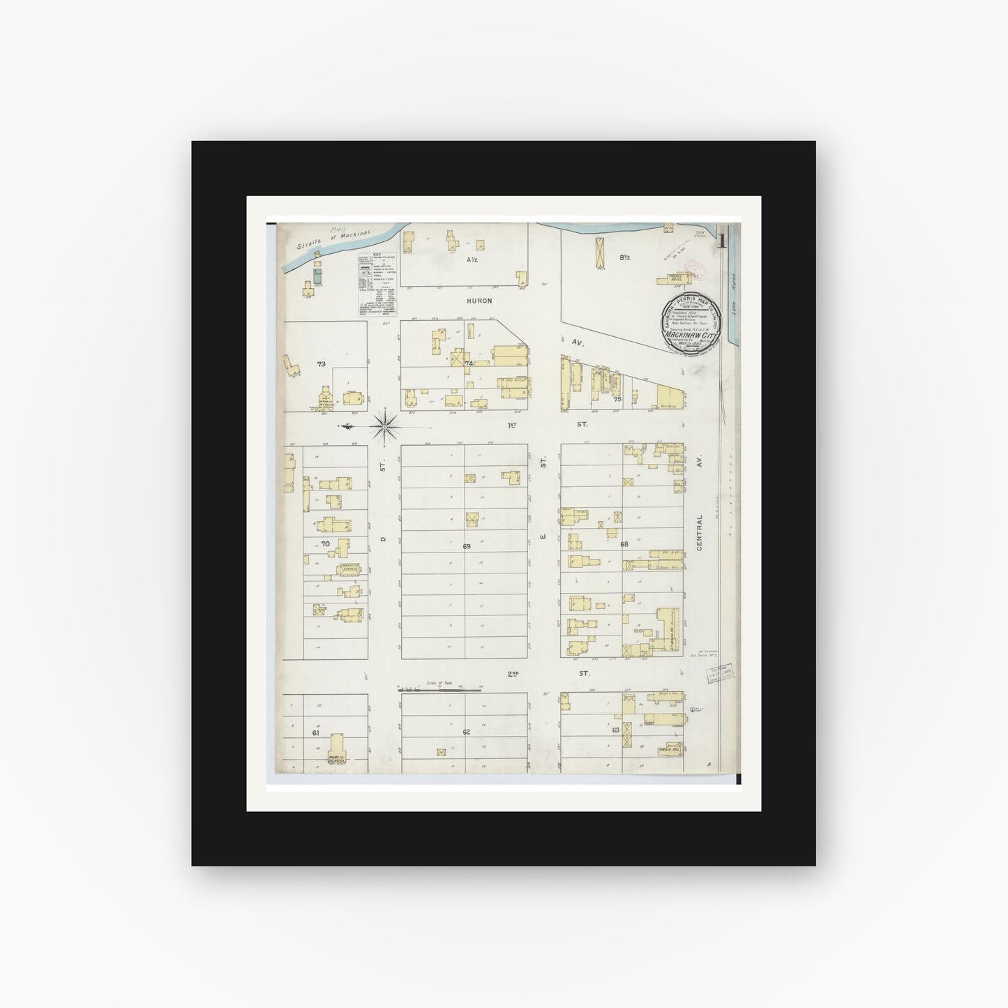 Old map wall art mockup — black gallery frame with white mat — Sanborn Fire Insurance Map from Mackinaw City, Cheboygan County, Michigan (1895) - Complete Map Set