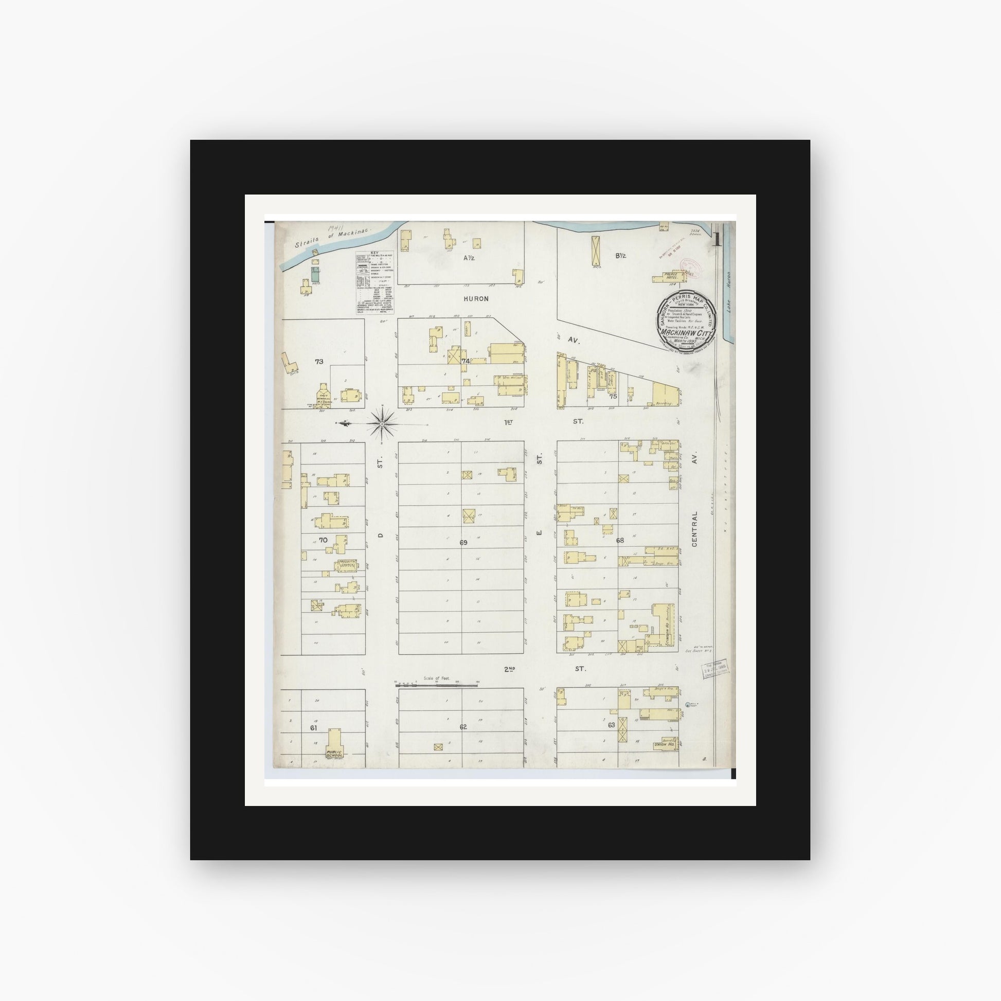 Old map wall art mockup — black gallery frame with white mat — Sanborn Fire Insurance Map from Mackinaw City, Cheboygan County, Michigan (1895) - Complete Map Set