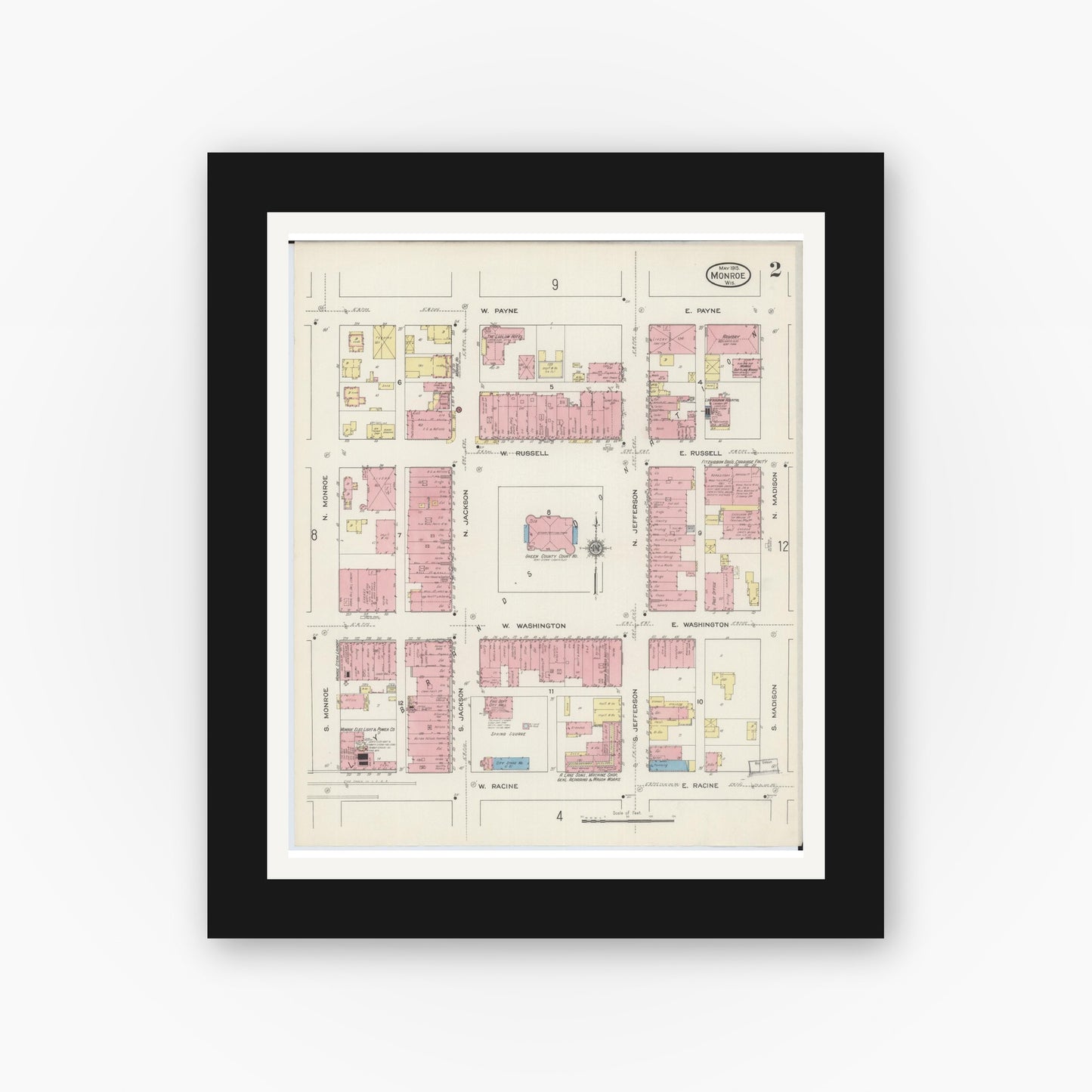 Old map wall art mockup — black gallery frame with white mat — Sanborn Fire Insurance Map from Monroe, Green County, Wisconsin (1915), Sheet #0002
