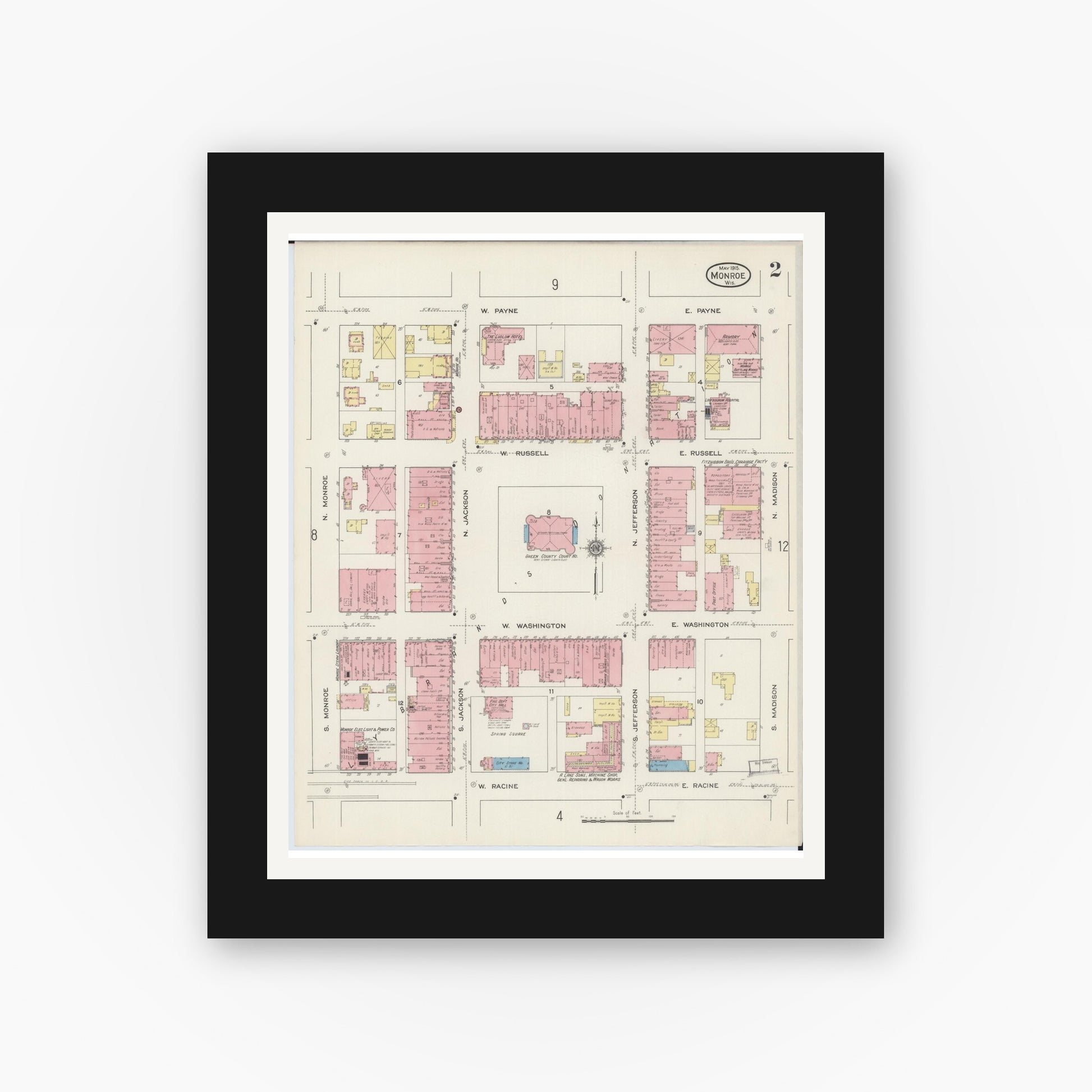 Old map wall art mockup — black gallery frame with white mat — Sanborn Fire Insurance Map from Monroe, Green County, Wisconsin (1915), Sheet #0002