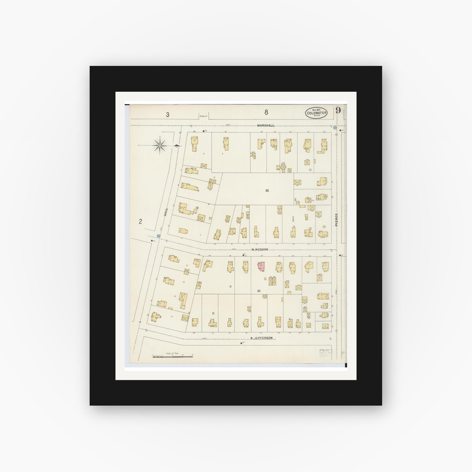 Old map wall art mockup — black gallery frame with white mat — Sanborn Fire Insurance Map from Coldwater, Branch County, Michigan (1897), Sheet #0009